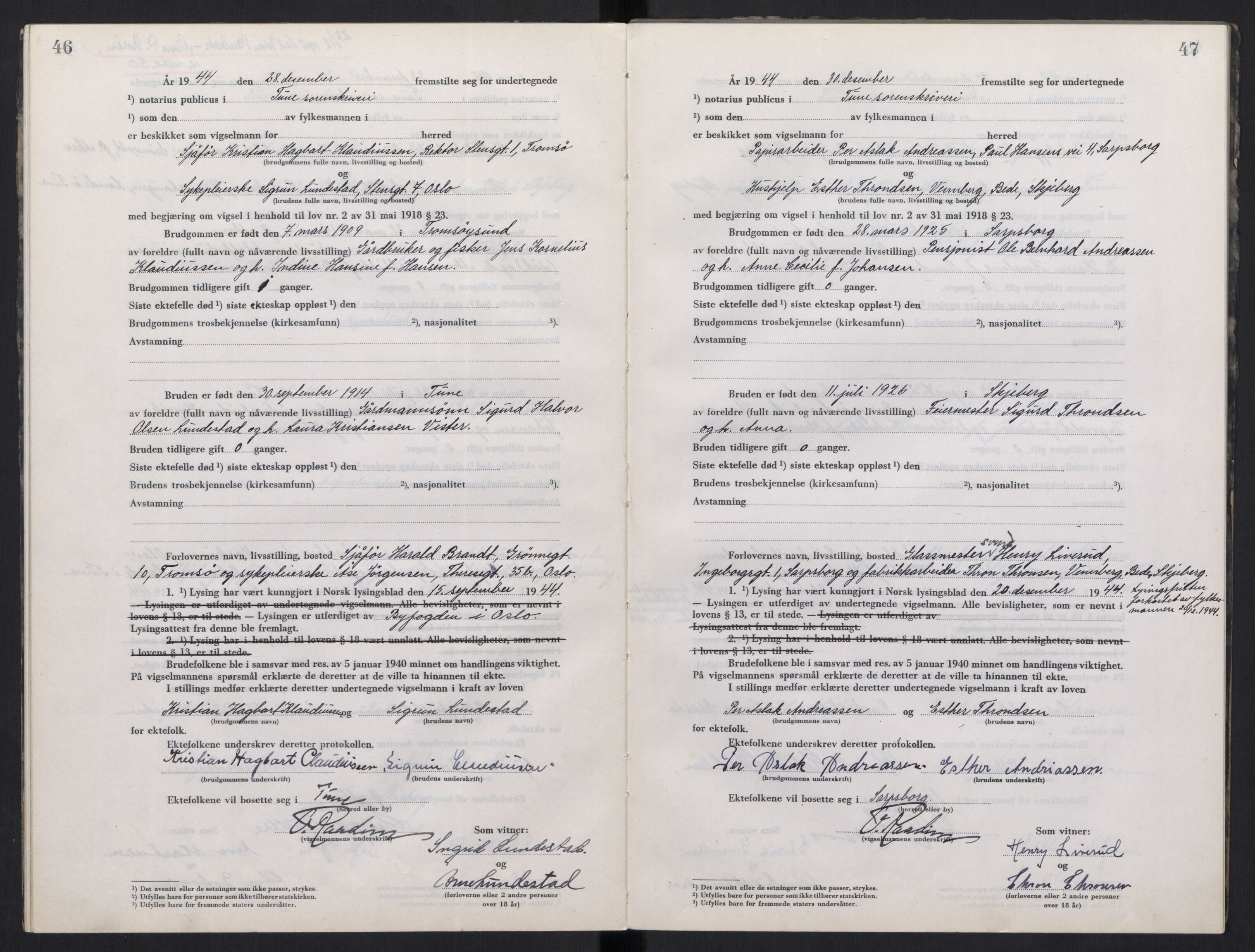 Tune sorenskriveri, AV/SAO-A-10470/L/Lb/L0003: Vigselprotokoll, 1944-1951, p. 46-47