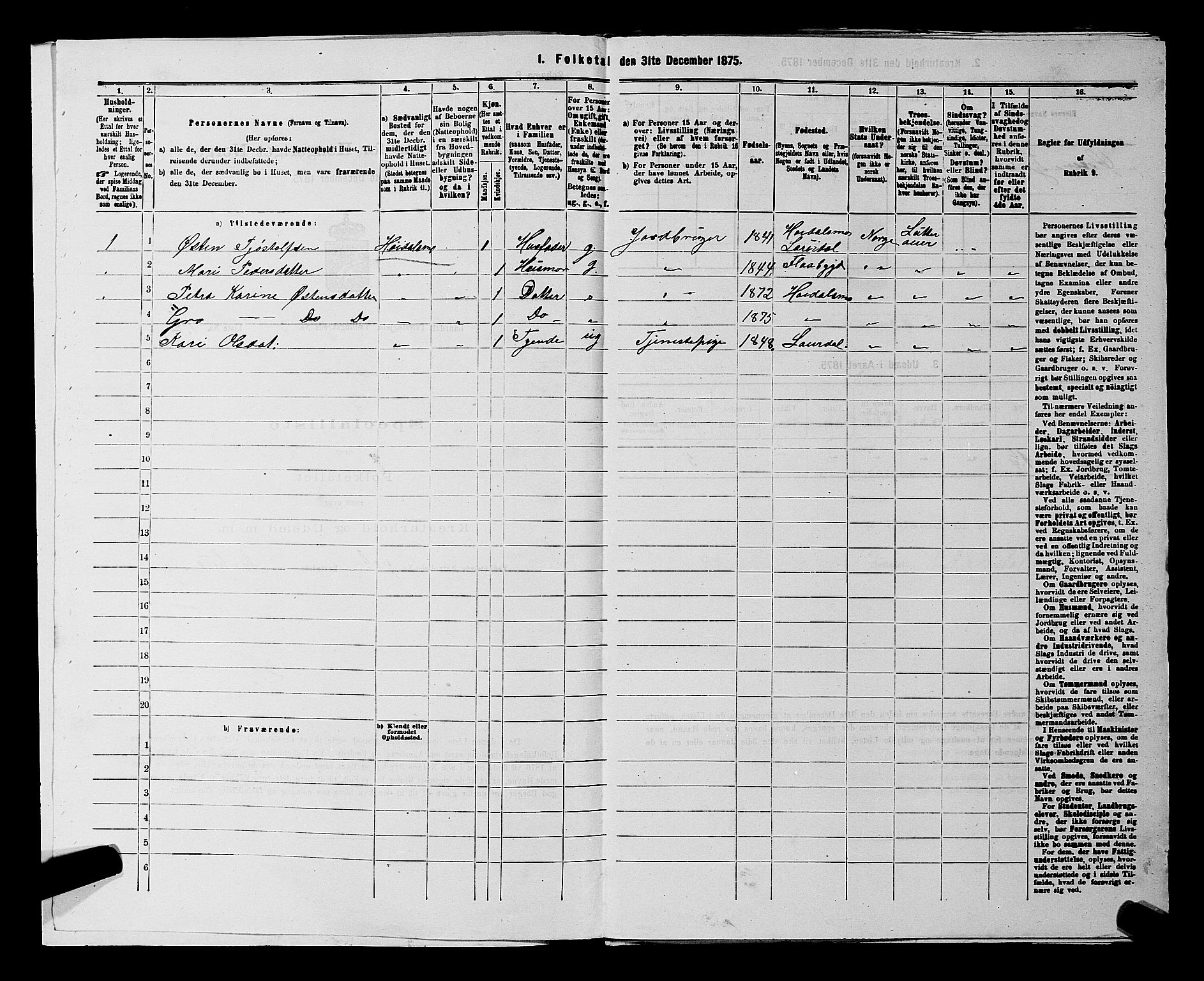 SAKO, 1875 census for 0833P Lårdal, 1875, p. 369