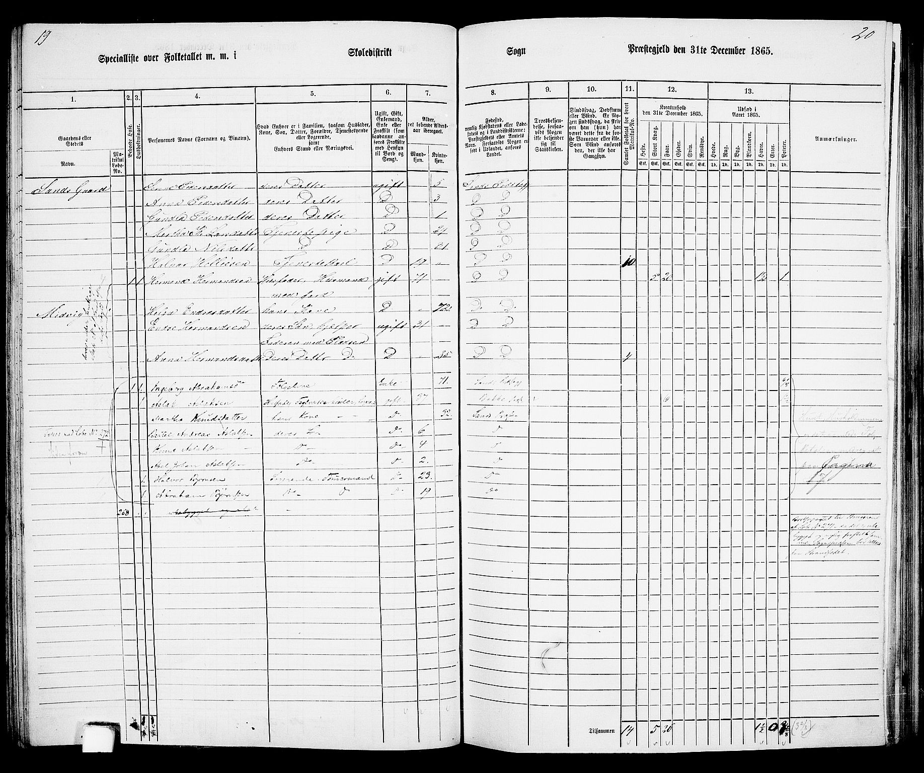 RA, 1865 census for Sand, 1865, p. 69