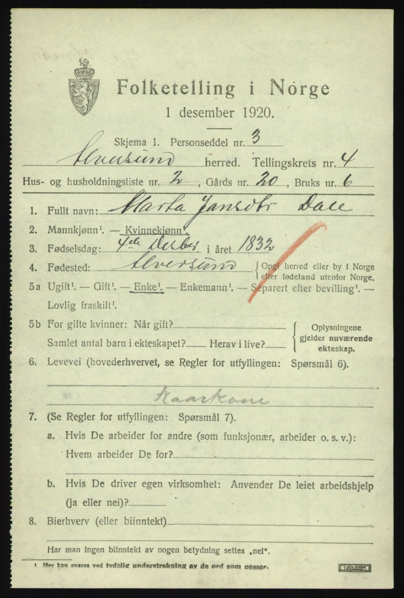 SAB, 1920 census for Alversund, 1920, p. 2684