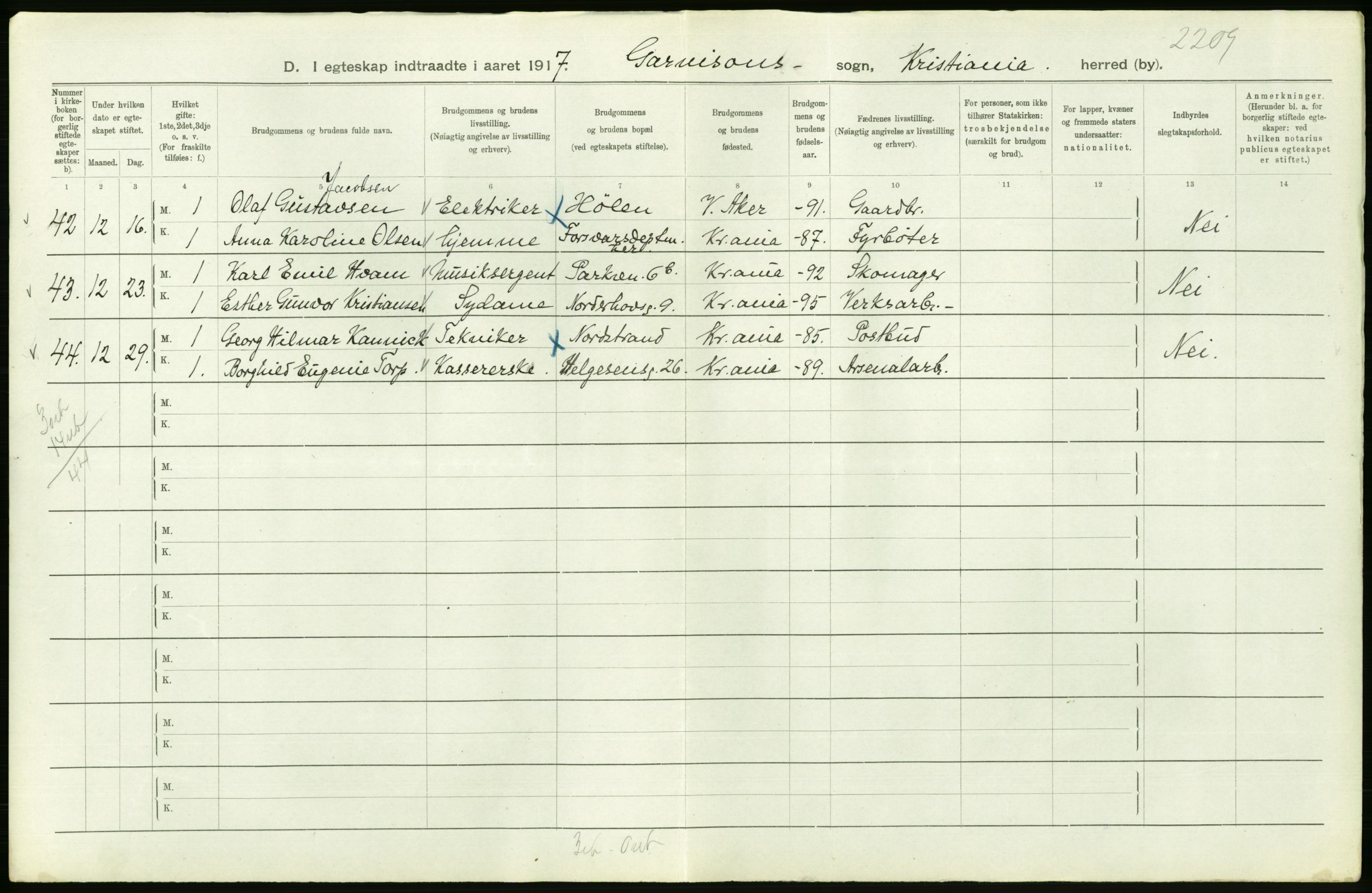 Statistisk sentralbyrå, Sosiodemografiske emner, Befolkning, AV/RA-S-2228/D/Df/Dfb/Dfbg/L0009: Kristiania: Gifte, 1917, p. 312