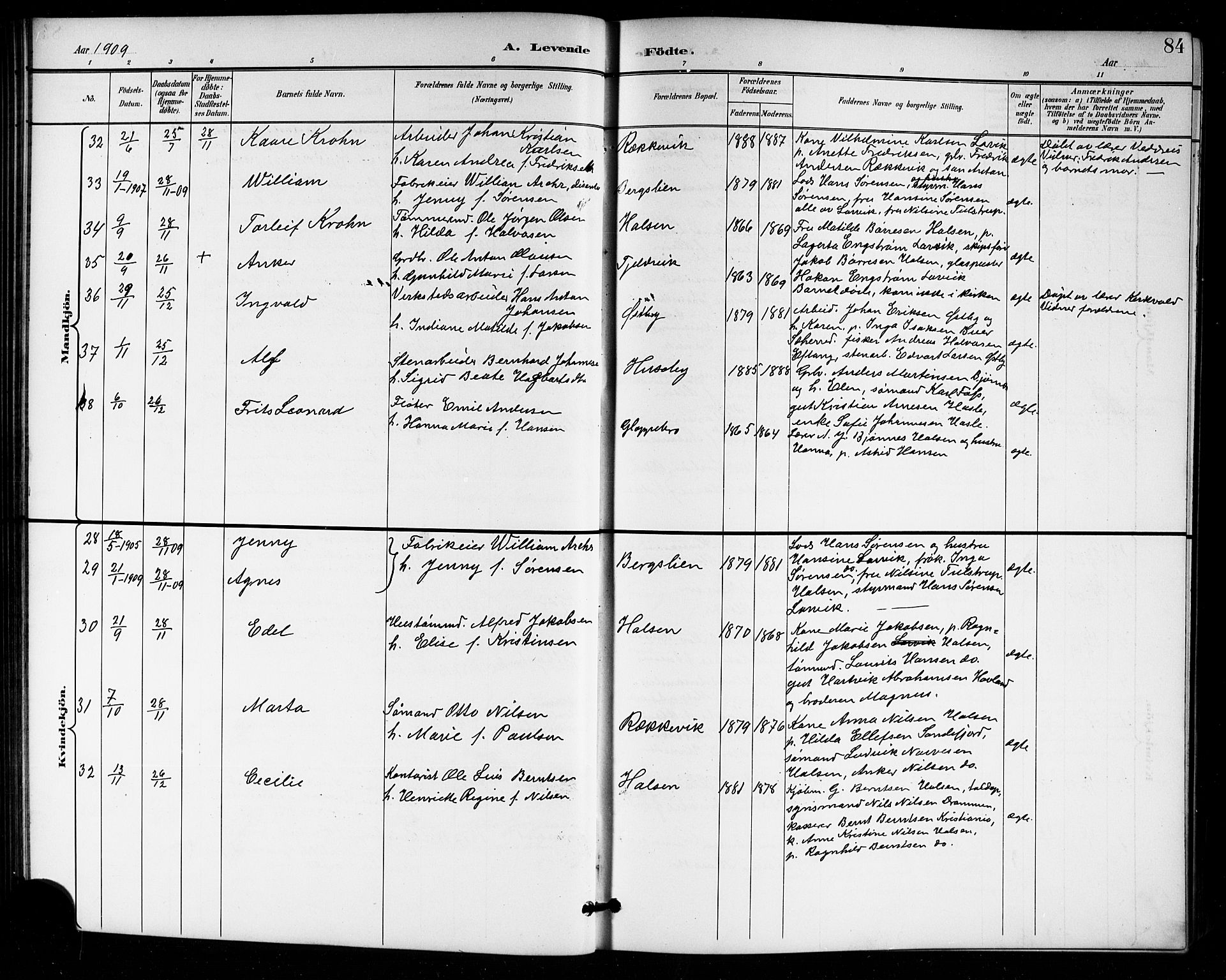 Tjølling kirkebøker, SAKO/A-60/G/Ga/L0002: Parish register (copy) no. 2, 1895-1918, p. 84
