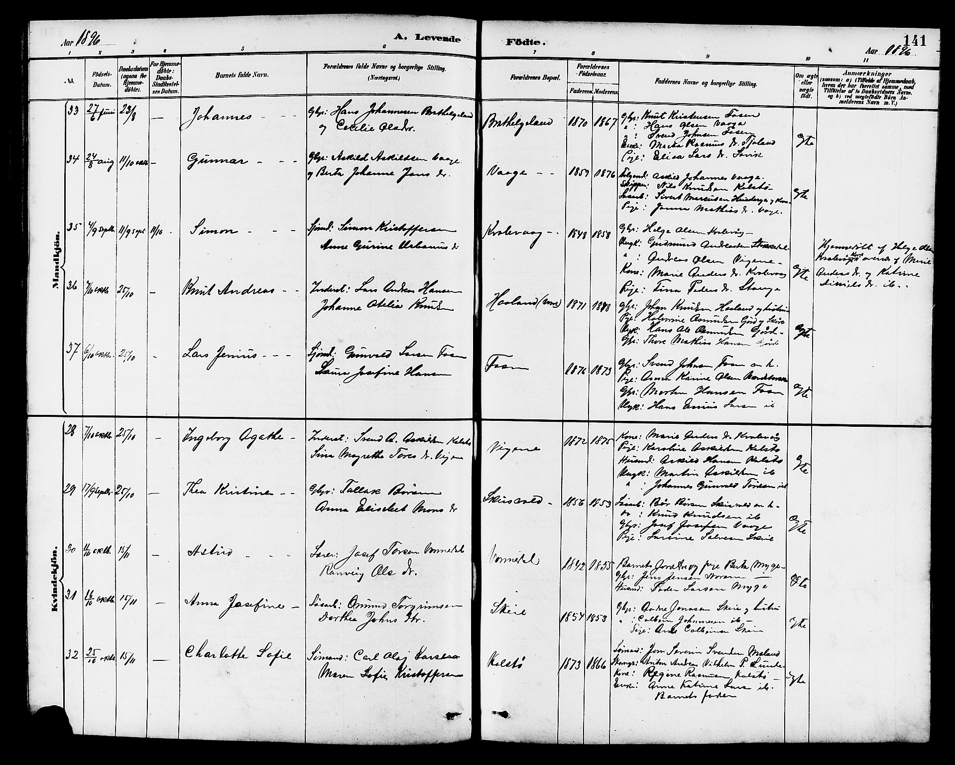 Avaldsnes sokneprestkontor, AV/SAST-A -101851/H/Ha/Hab/L0007: Parish register (copy) no. B 7, 1885-1909, p. 141