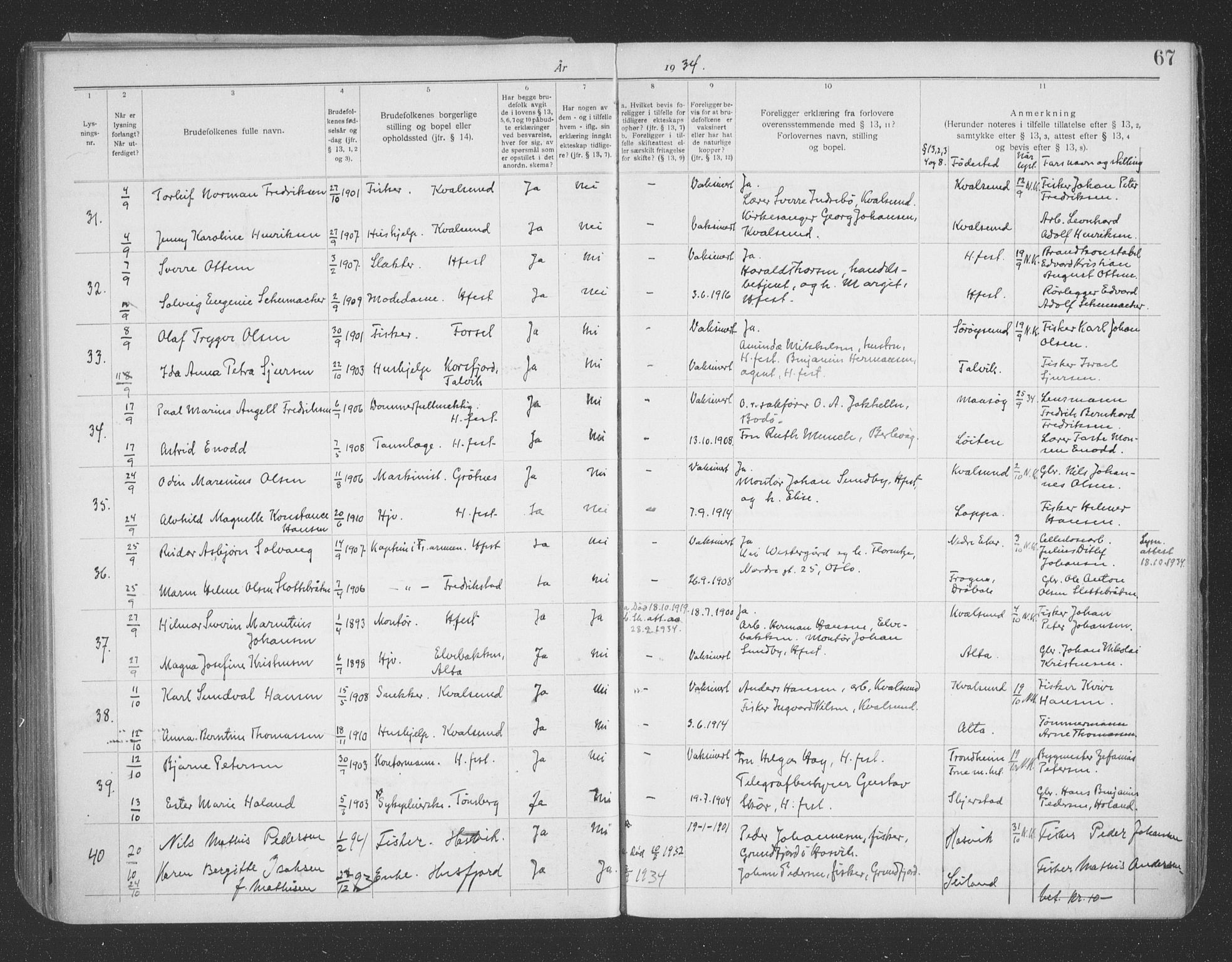 Hammerfest sokneprestkontor, AV/SATØ-S-1347/I/Ib/L0073: Banns register no. 73, 1921-1939, p. 67