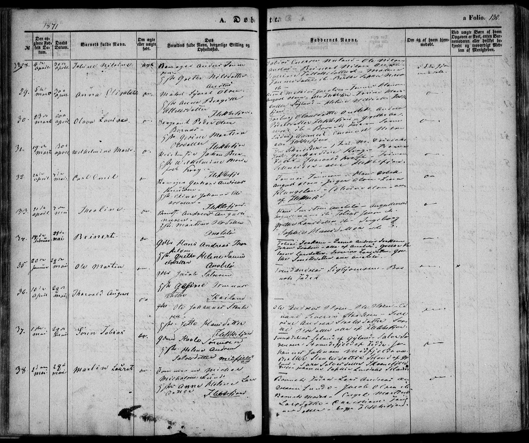 Flekkefjord sokneprestkontor, AV/SAK-1111-0012/F/Fa/Fac/L0005: Parish register (official) no. A 5, 1849-1875, p. 130