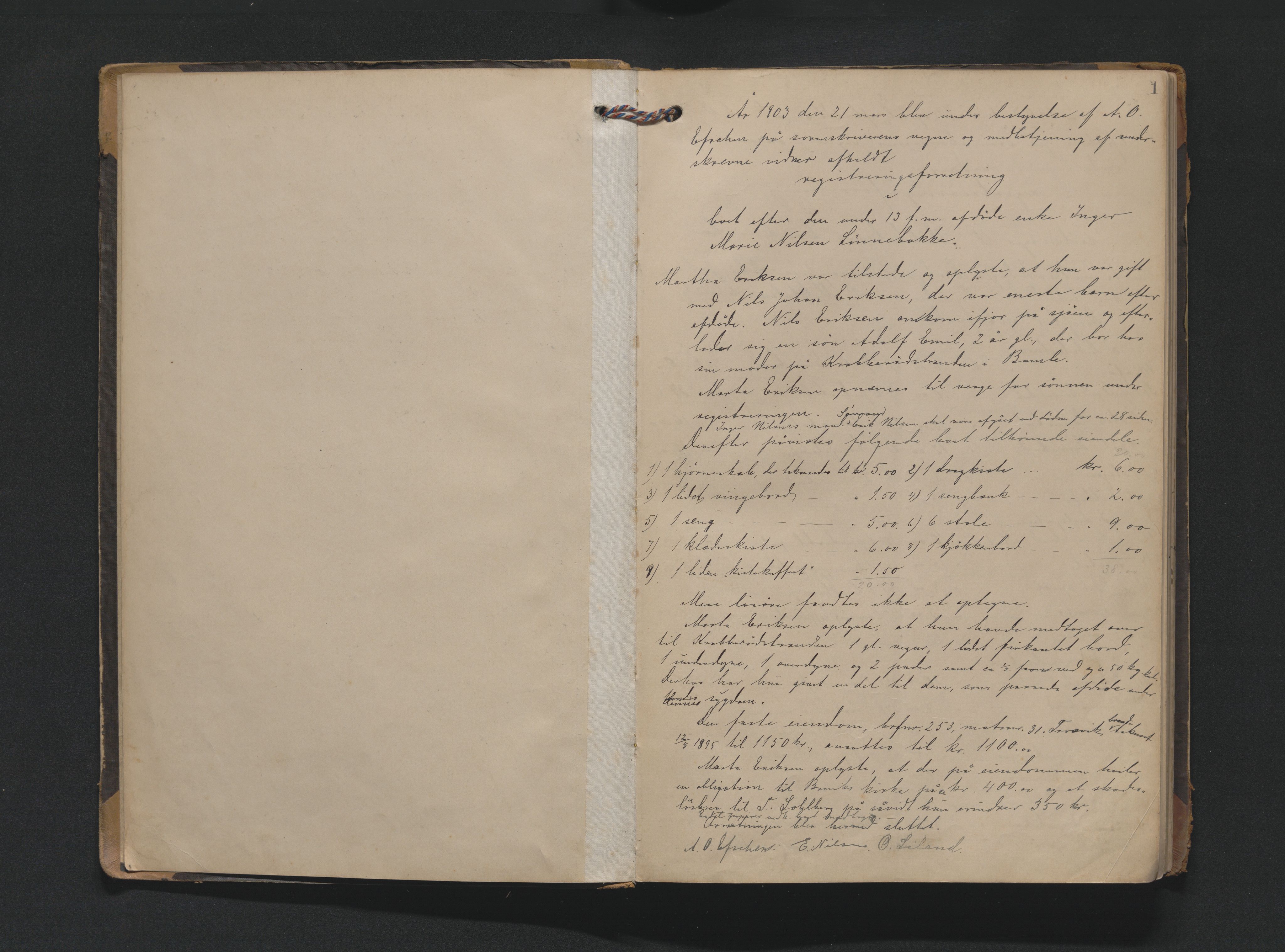 Bamble sorenskriveri, AV/SAKO-A-214/H/Hb/Hbb/Hbbe/L0001: Skifteregisreringsprotokoll, 1903-1929, p. 1a