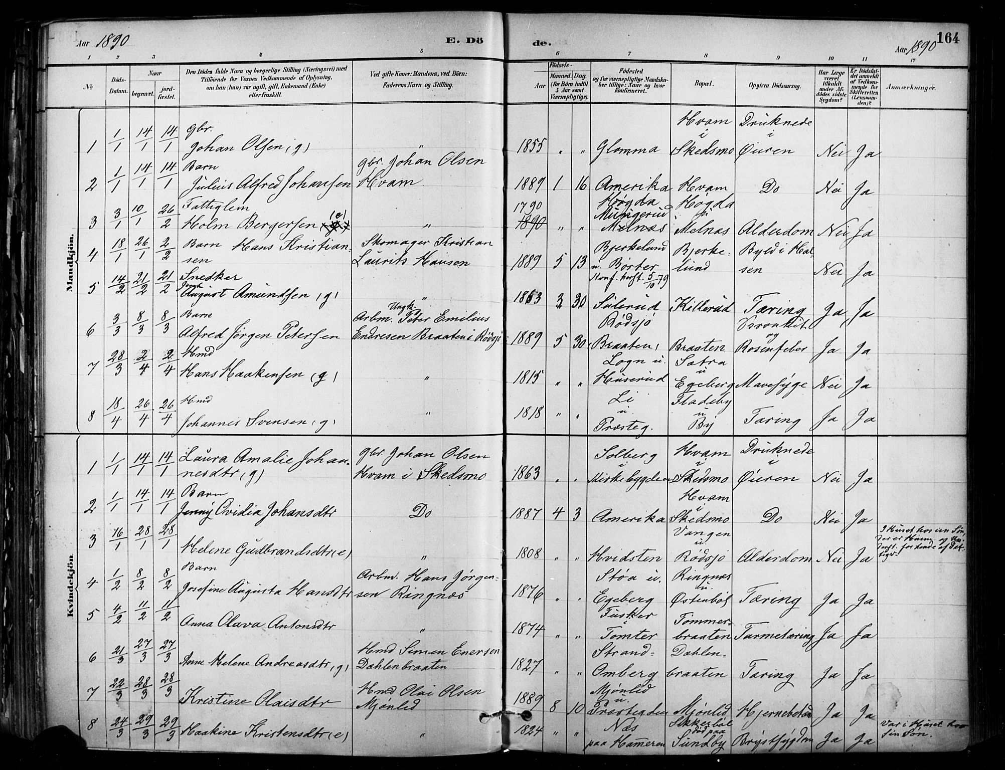 Enebakk prestekontor Kirkebøker, SAO/A-10171c/F/Fa/L0016: Parish register (official) no. I 16, 1883-1898, p. 164