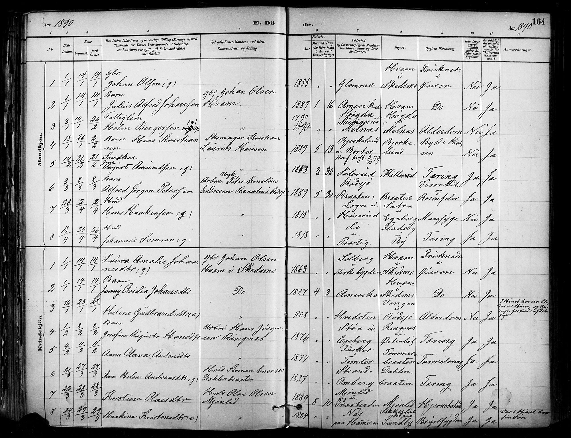 Enebakk prestekontor Kirkebøker, AV/SAO-A-10171c/F/Fa/L0016: Parish register (official) no. I 16, 1883-1898, p. 164
