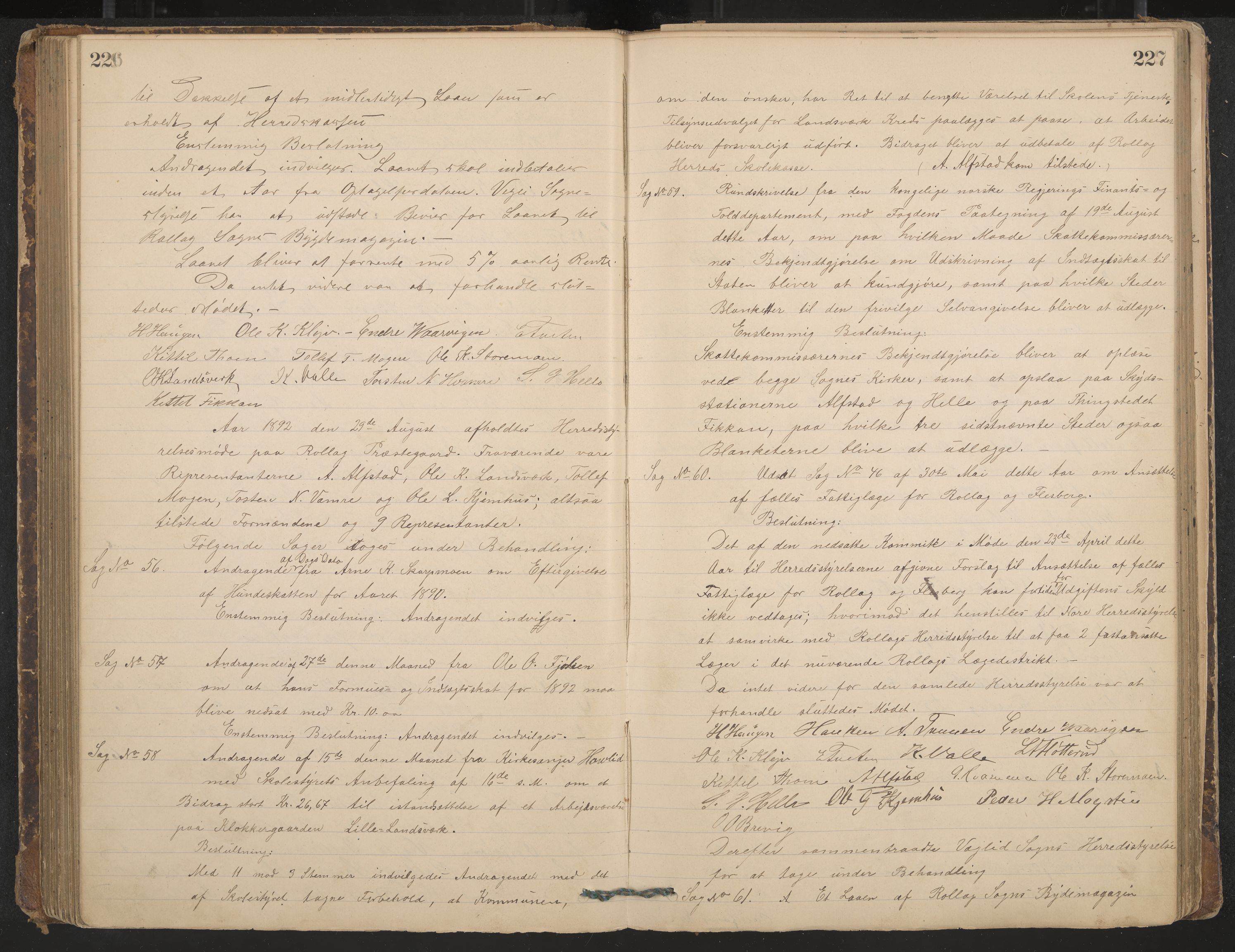 Rollag formannskap og sentraladministrasjon, IKAK/0632021-2/A/Aa/L0003: Møtebok, 1884-1897, p. 226-227