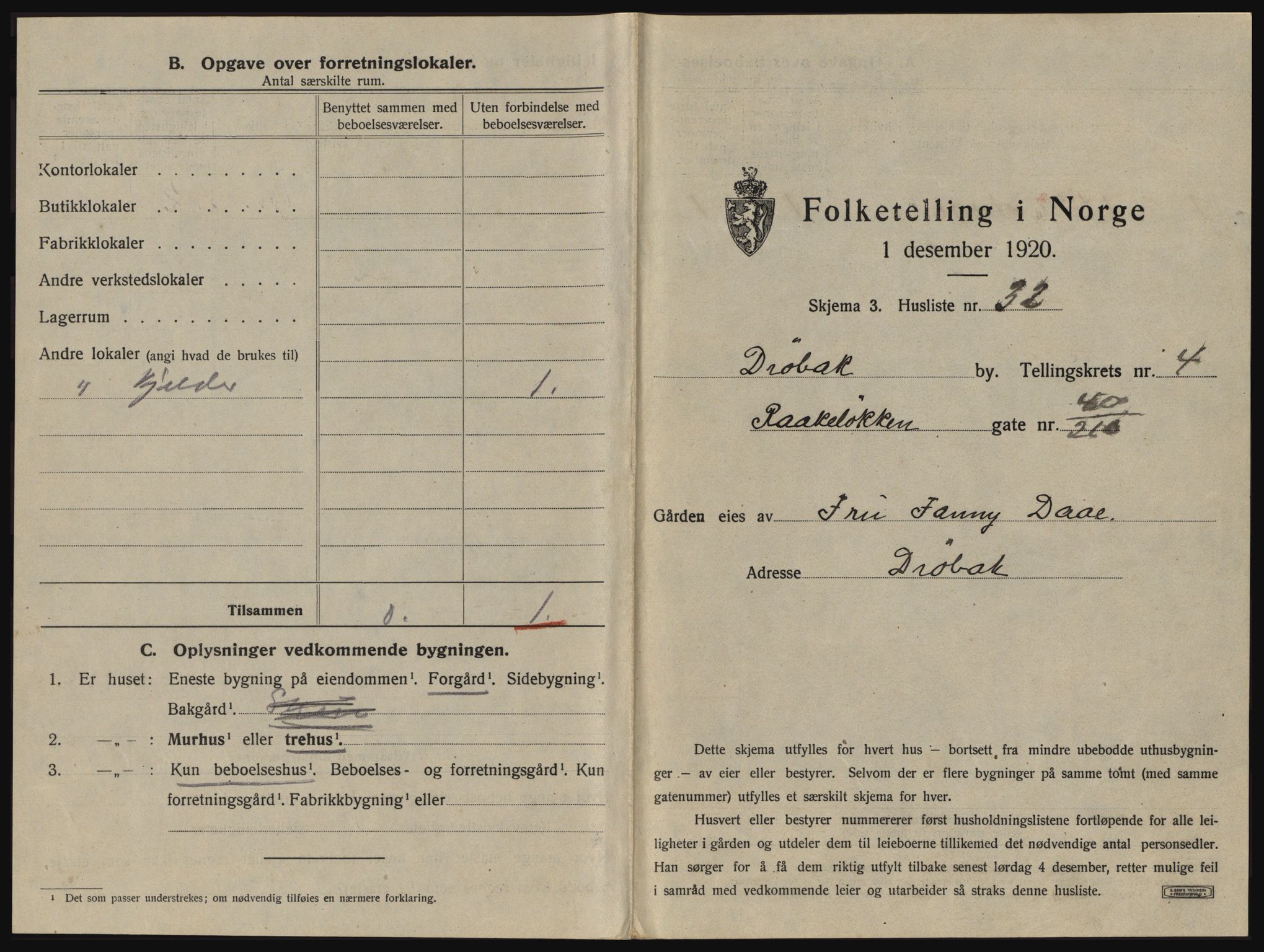 SAO, 1920 census for Drøbak, 1920, p. 429