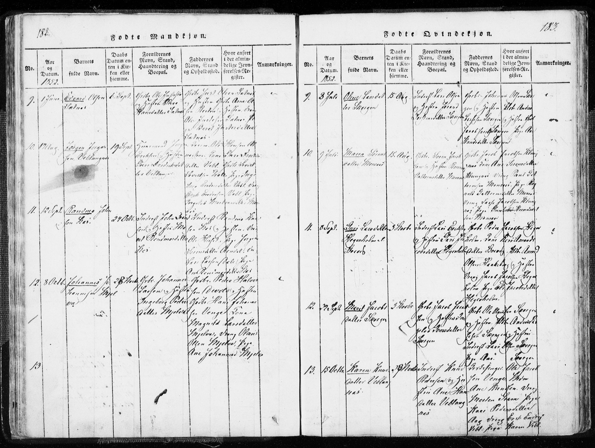 Ministerialprotokoller, klokkerbøker og fødselsregistre - Møre og Romsdal, SAT/A-1454/544/L0571: Parish register (official) no. 544A04, 1818-1853, p. 182-183