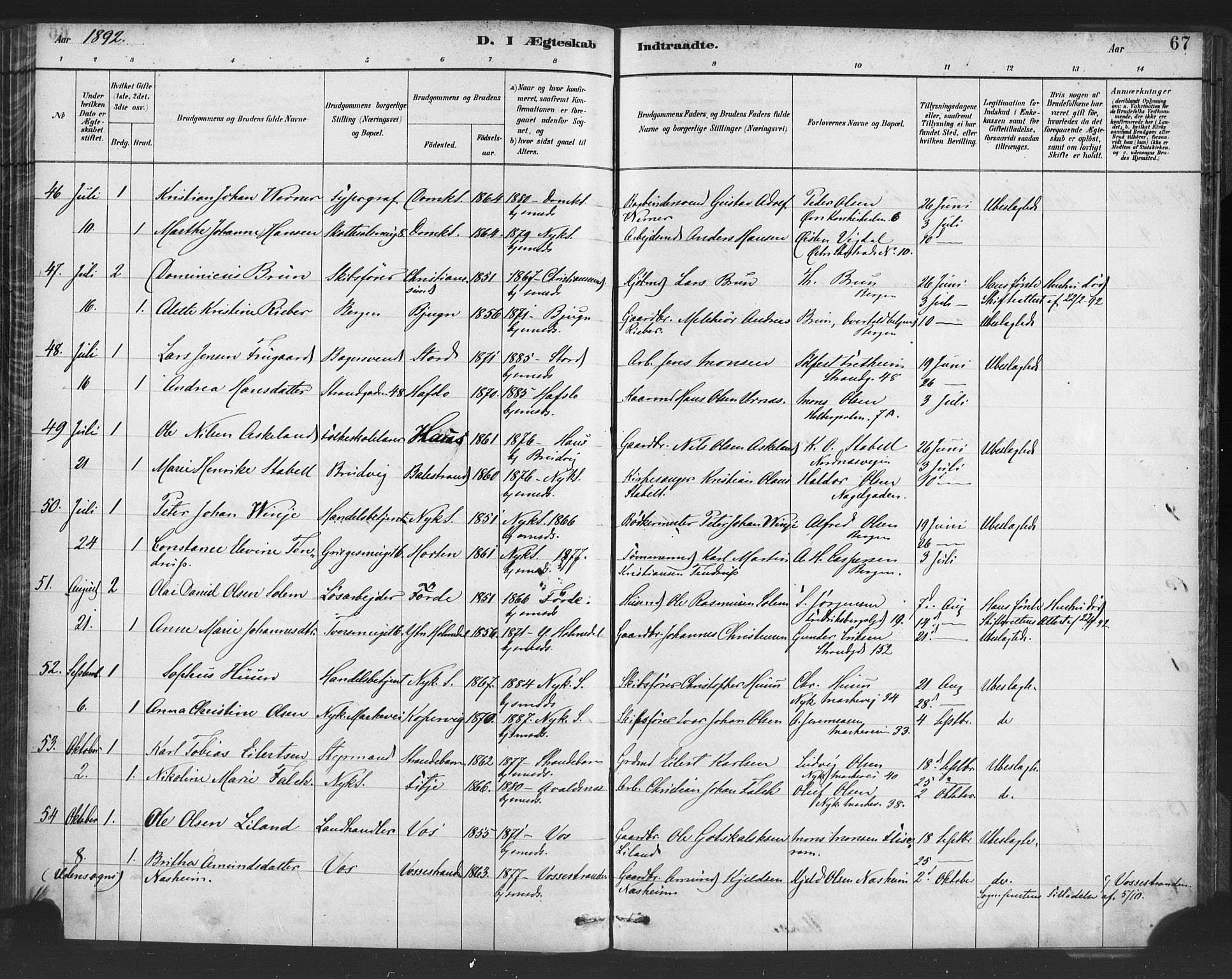 Nykirken Sokneprestembete, AV/SAB-A-77101/H/Haa/L0033: Parish register (official) no. D 3, 1884-1895, p. 67