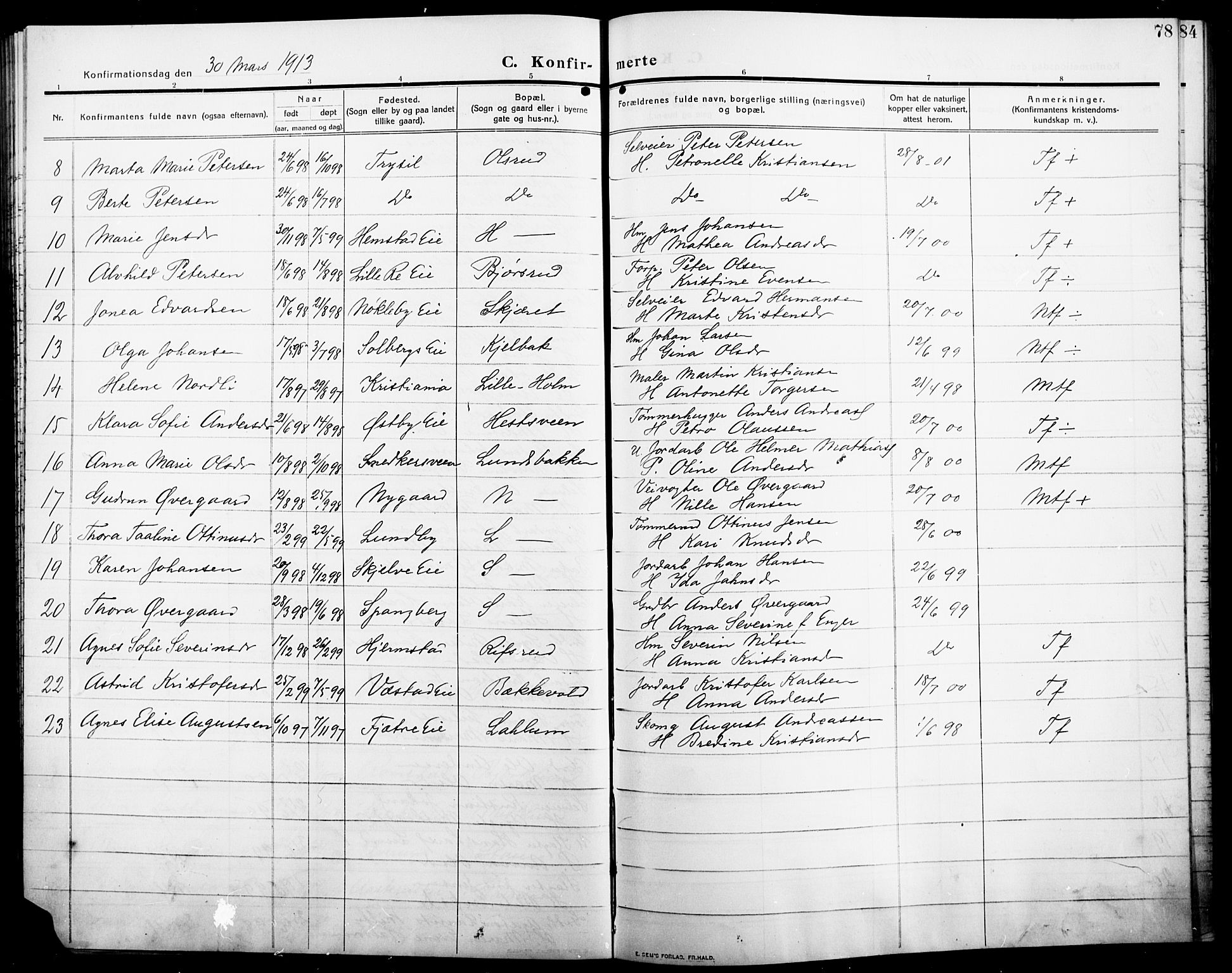 Stange prestekontor, AV/SAH-PREST-002/L/L0014: Parish register (copy) no. 14, 1909-1917, p. 78