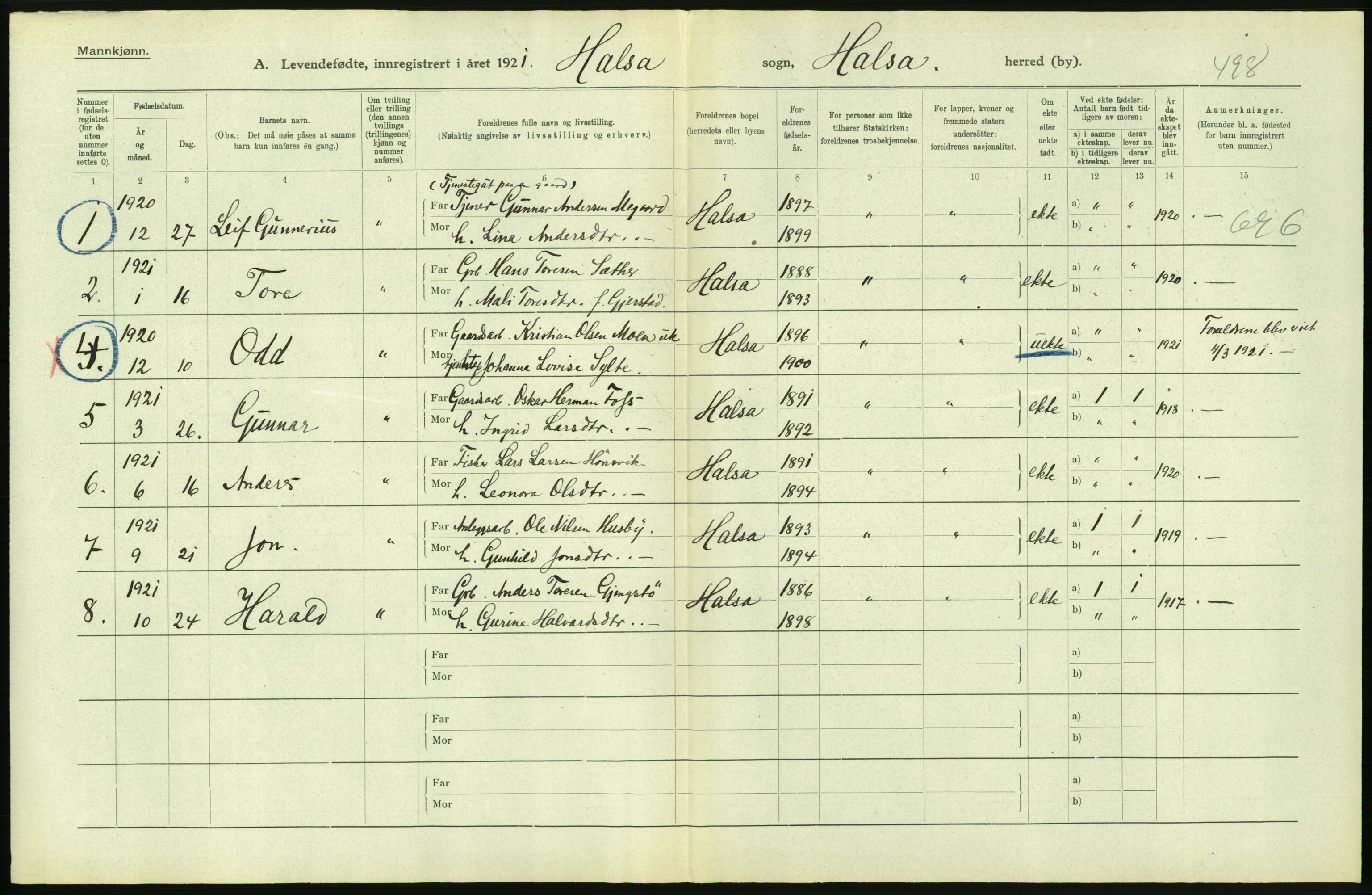 Statistisk sentralbyrå, Sosiodemografiske emner, Befolkning, AV/RA-S-2228/D/Df/Dfc/Dfca/L0040: Møre fylke: Levendefødte menn og kvinner. Bygder., 1921, p. 624