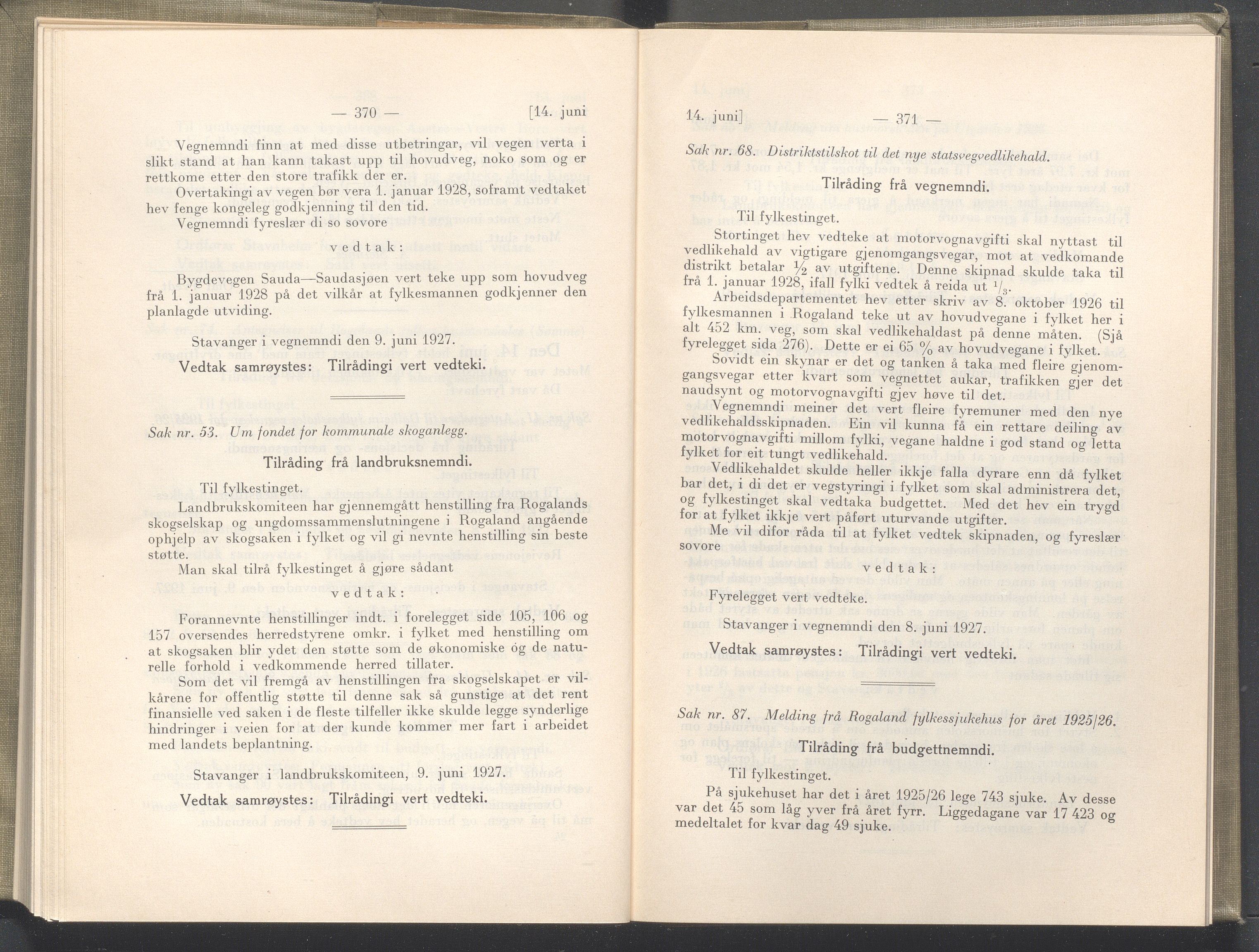 Rogaland fylkeskommune - Fylkesrådmannen , IKAR/A-900/A/Aa/Aaa/L0046: Møtebok , 1927, p. 370-371