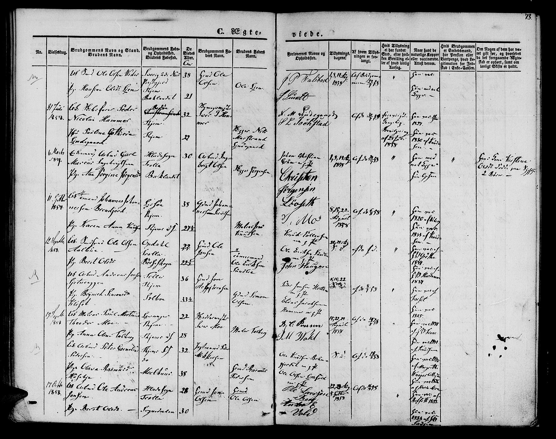 Ministerialprotokoller, klokkerbøker og fødselsregistre - Sør-Trøndelag, AV/SAT-A-1456/602/L0111: Parish register (official) no. 602A09, 1844-1867, p. 73