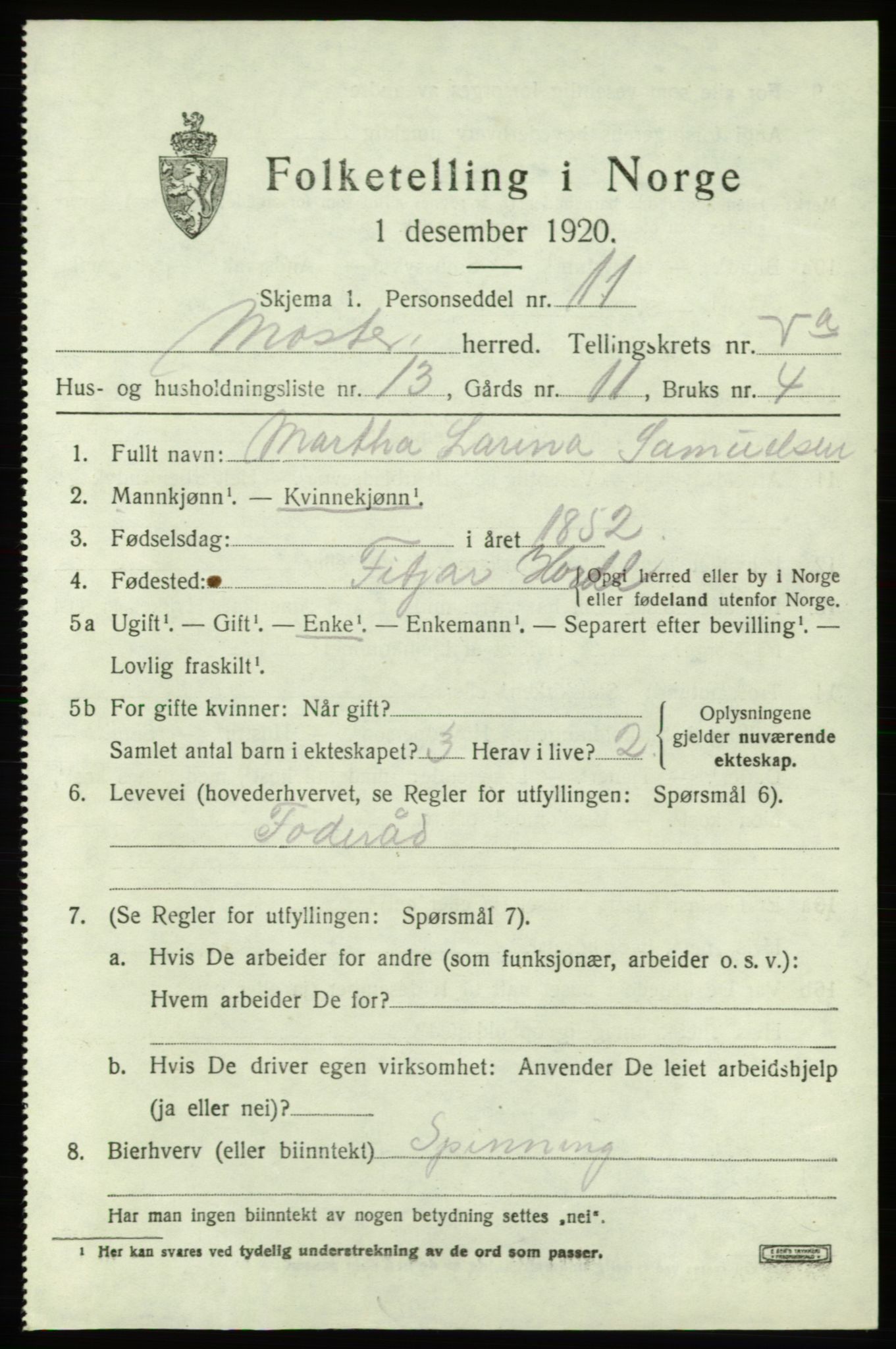 SAB, 1920 census for Moster, 1920, p. 1681