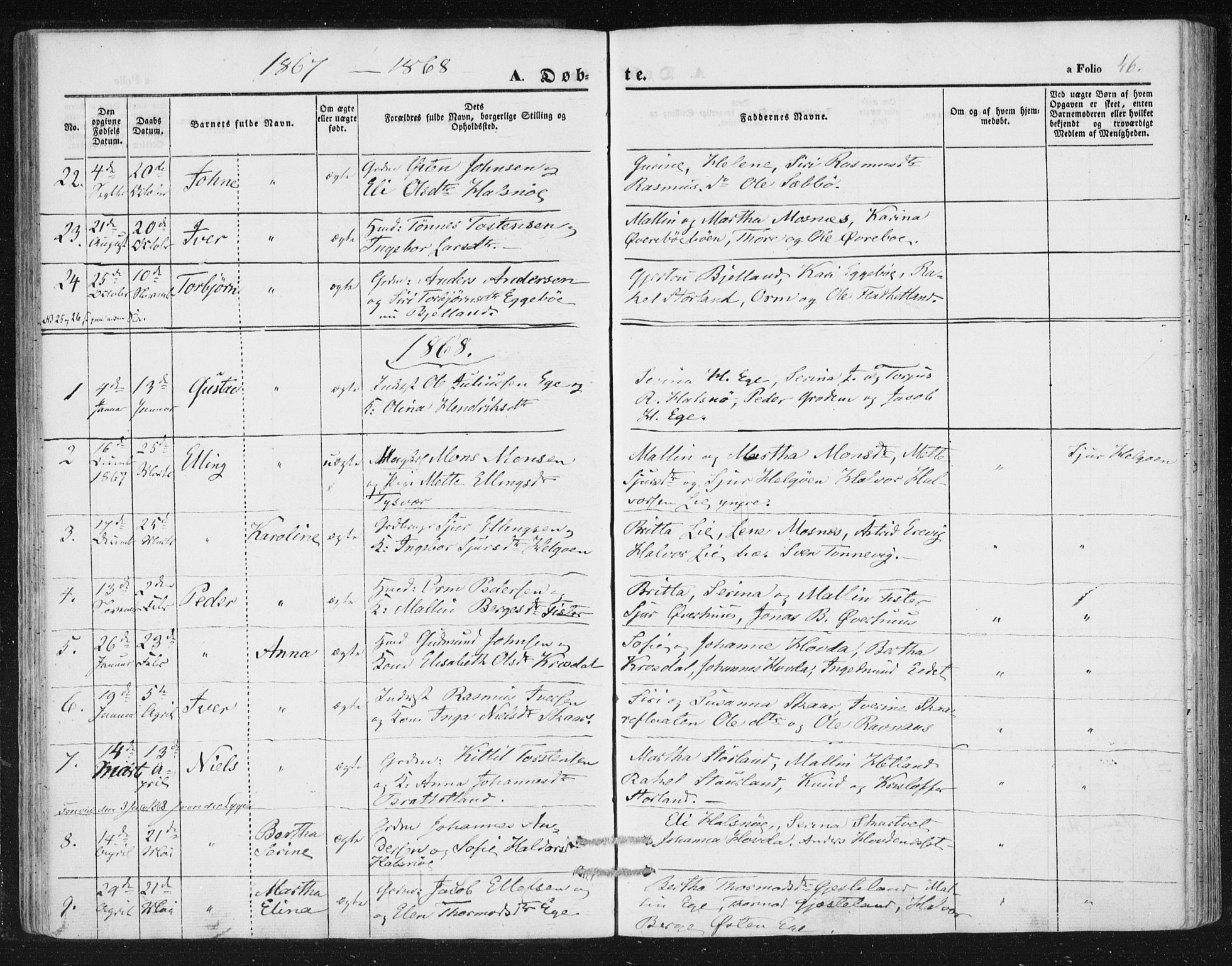 Hjelmeland sokneprestkontor, AV/SAST-A-101843/01/IV/L0010: Parish register (official) no. A 10, 1851-1871, p. 46