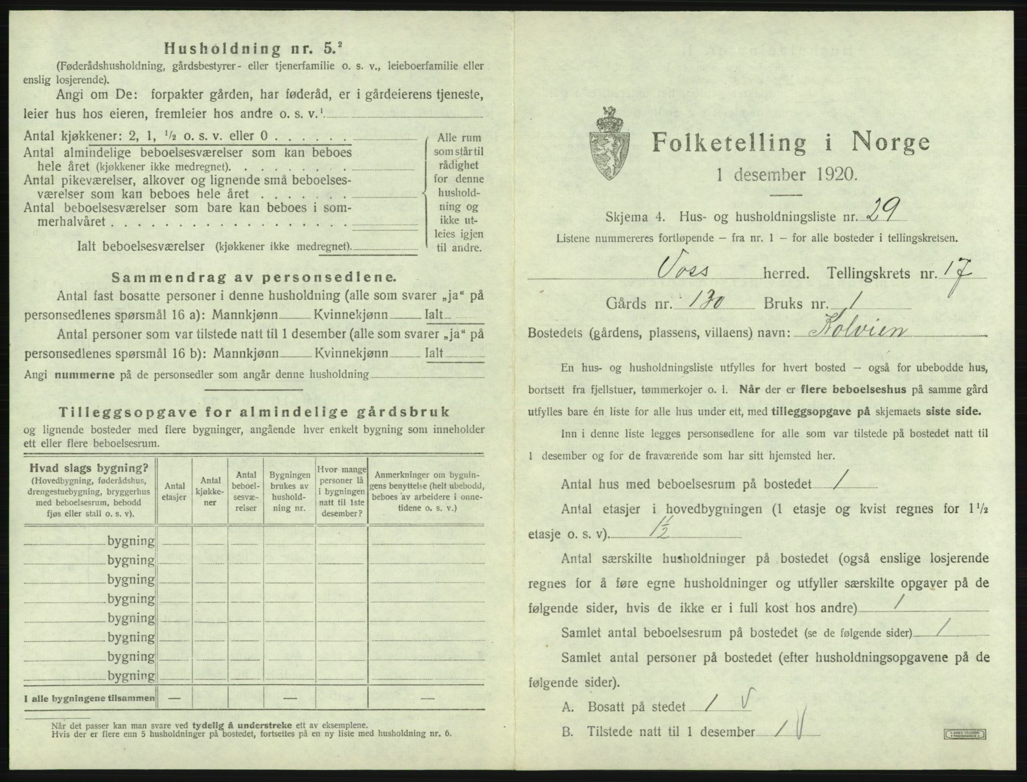 SAB, 1920 census for Voss, 1920, p. 1673