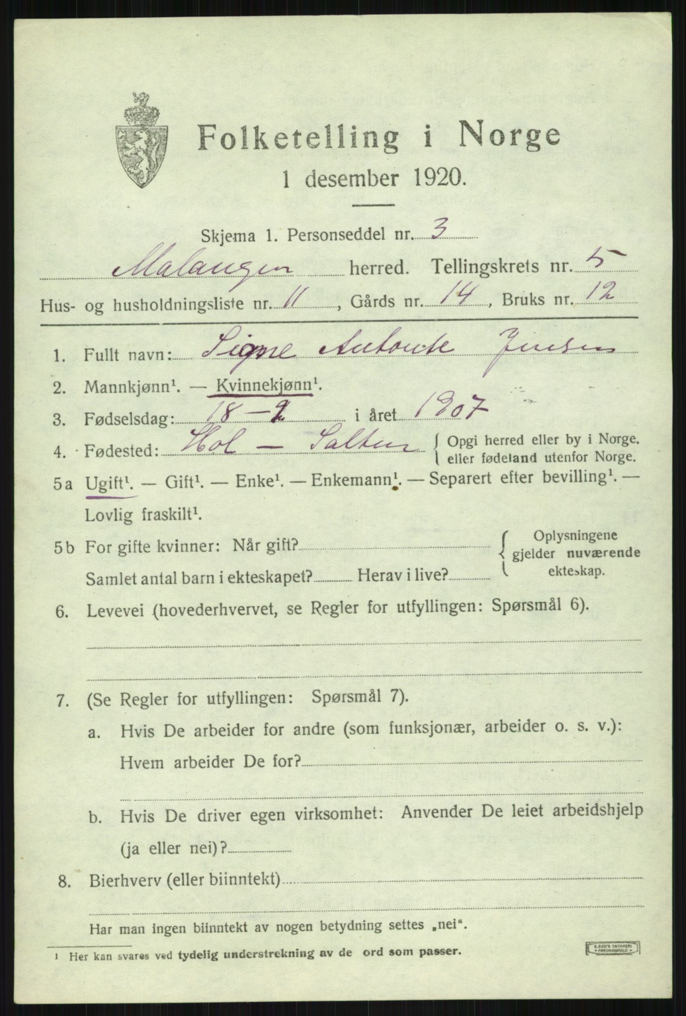 SATØ, 1920 census for Malangen, 1920, p. 2034