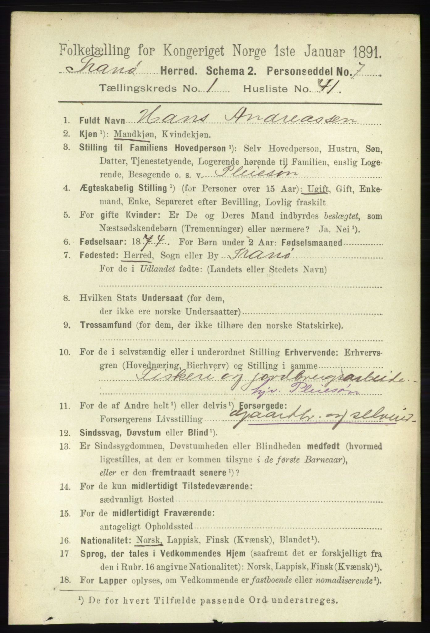 RA, 1891 census for 1927 Tranøy, 1891, p. 343