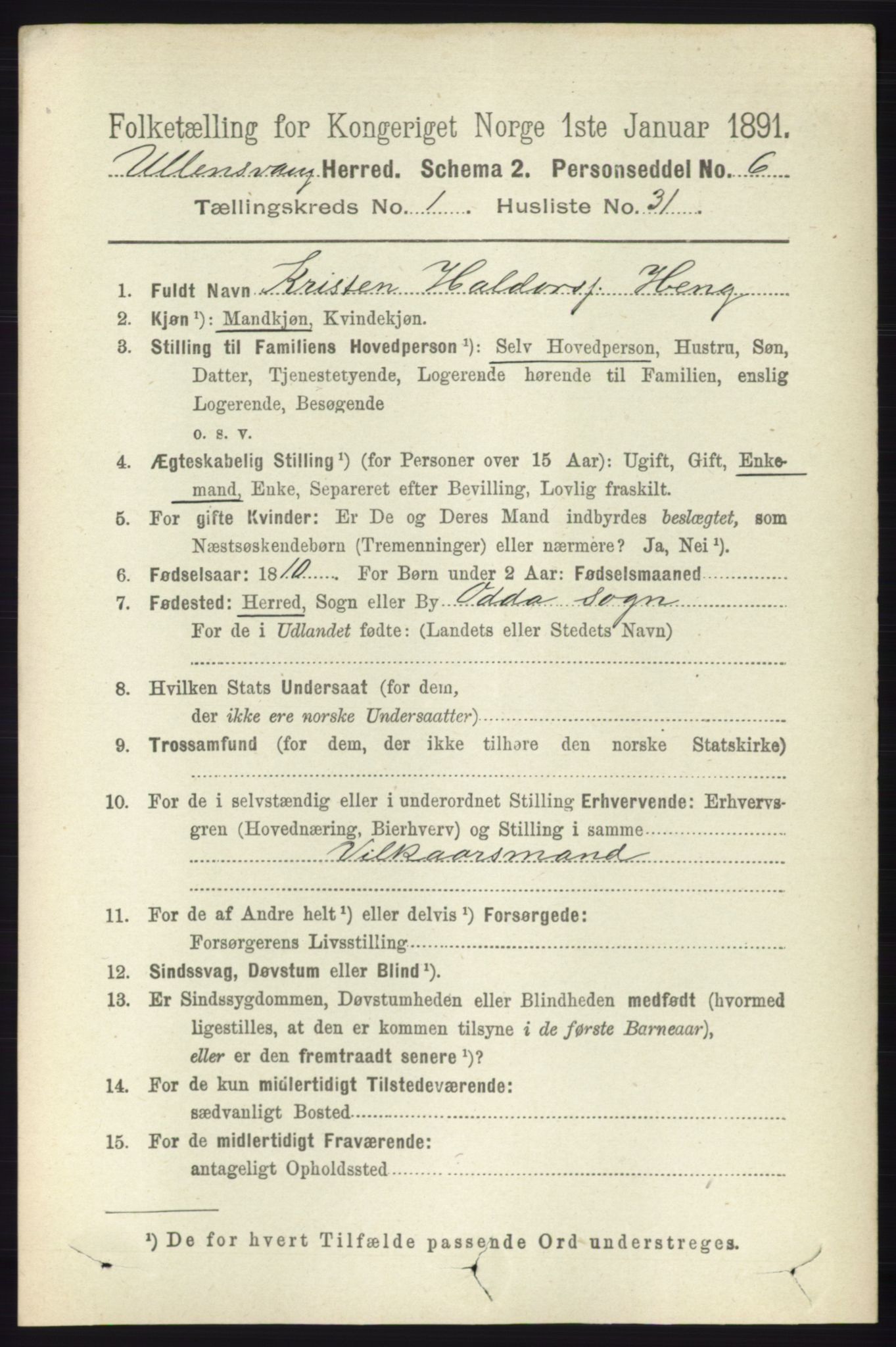 RA, 1891 census for 1230 Ullensvang, 1891, p. 270