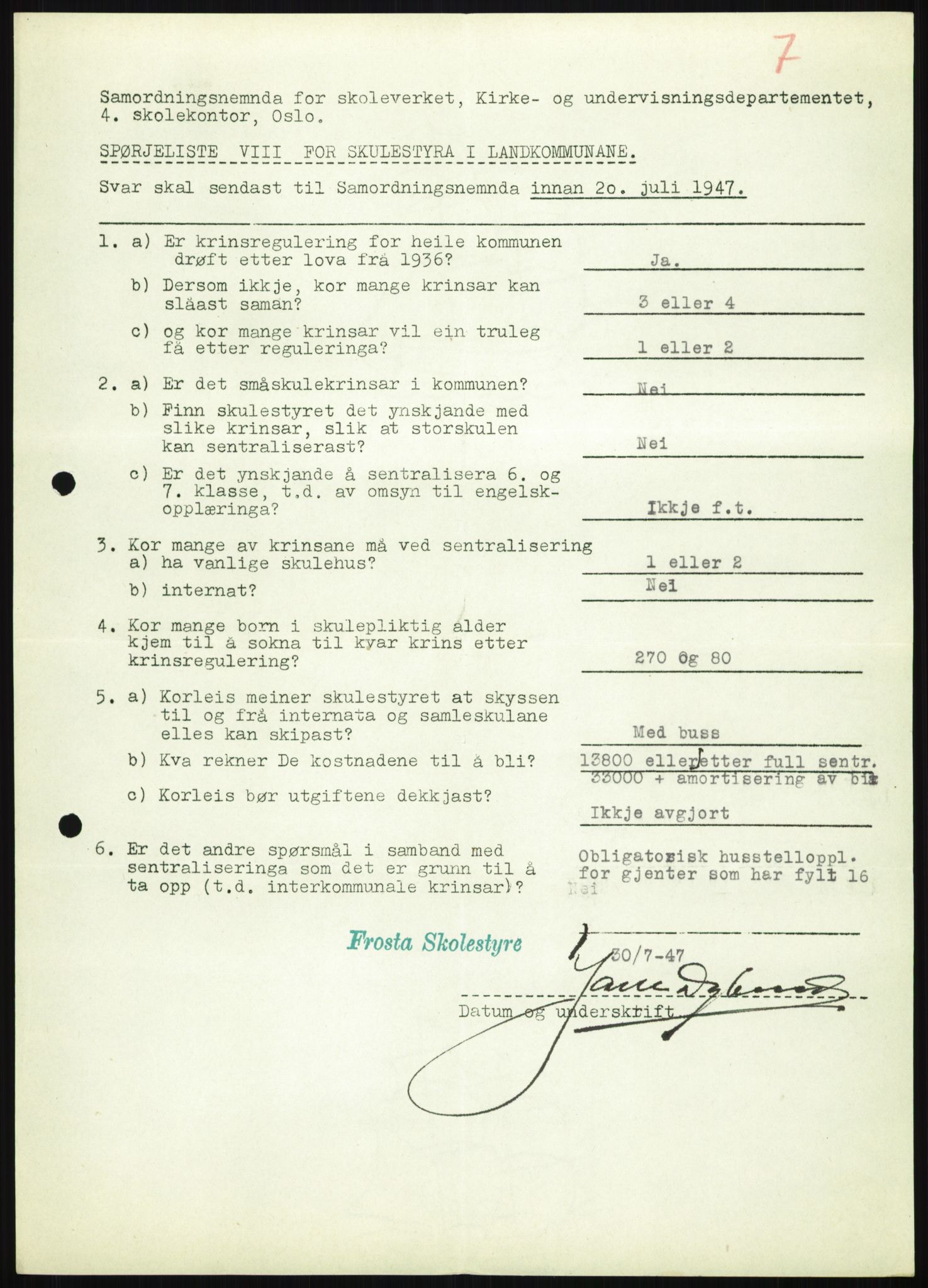 Kirke- og undervisningsdepartementet, Samordningsnemnda for skoleverket, AV/RA-S-1146/D/L0008: Svar på spørreskjema fra kommuner i Nord-Trøndelag, Nordland, Troms og Finnmark, 1947, p. 309