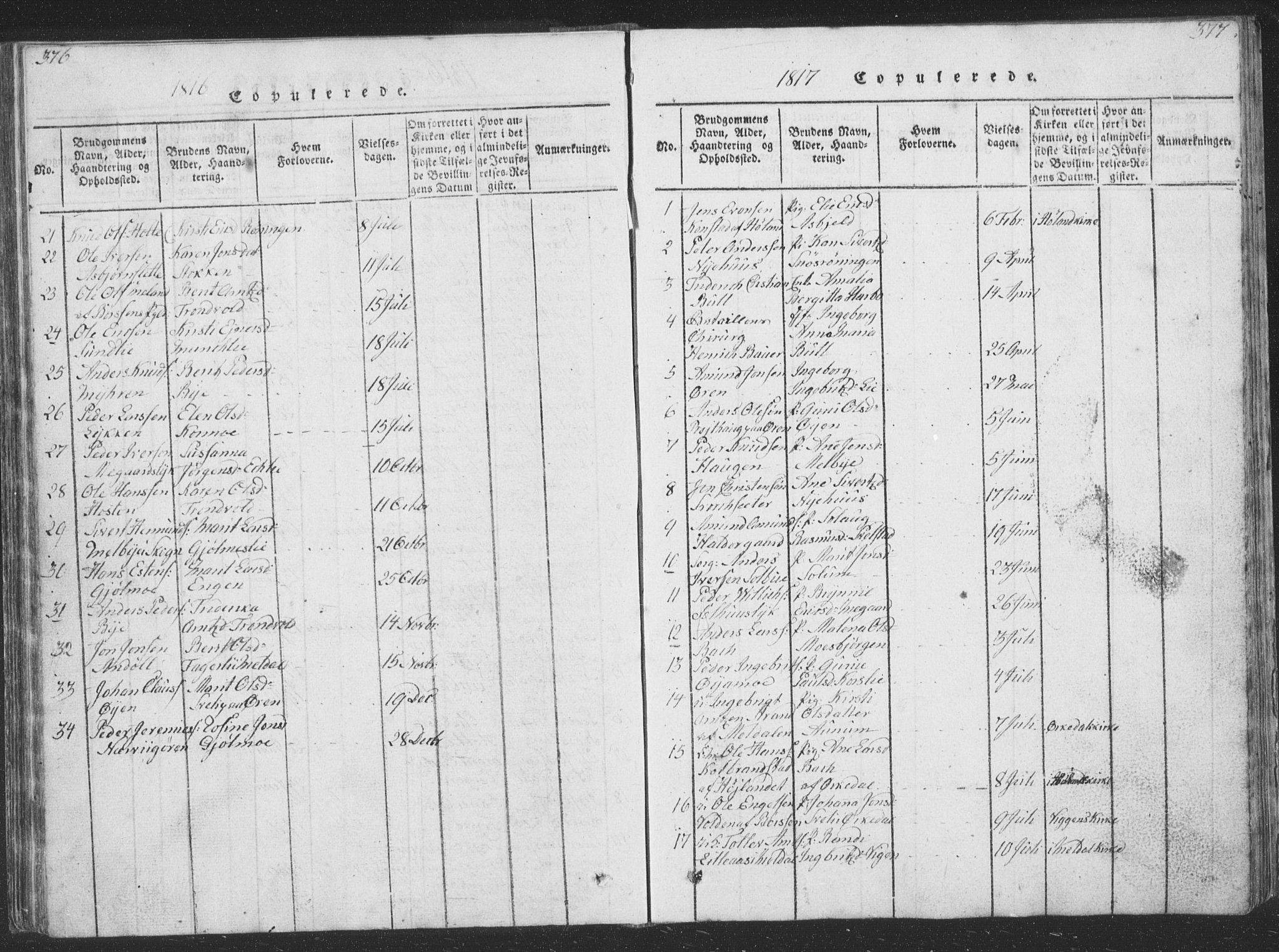 Ministerialprotokoller, klokkerbøker og fødselsregistre - Sør-Trøndelag, SAT/A-1456/668/L0816: Parish register (copy) no. 668C05, 1816-1893, p. 376-377