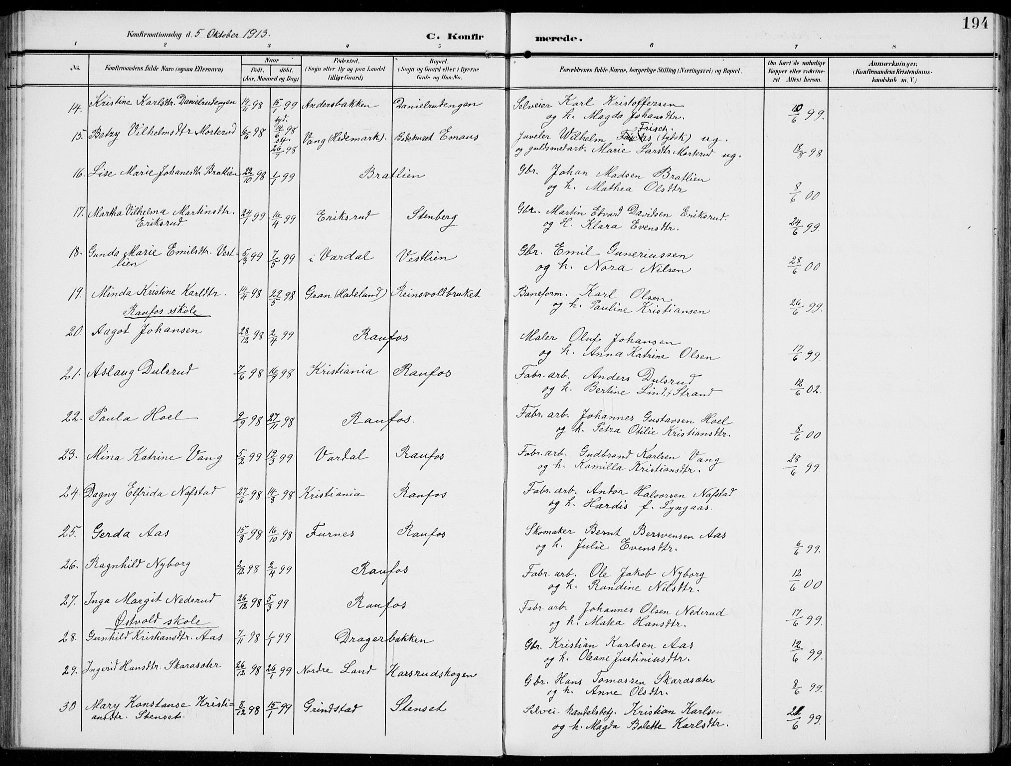 Vestre Toten prestekontor, AV/SAH-PREST-108/H/Ha/Haa/L0014: Parish register (official) no. 14, 1907-1920, p. 194