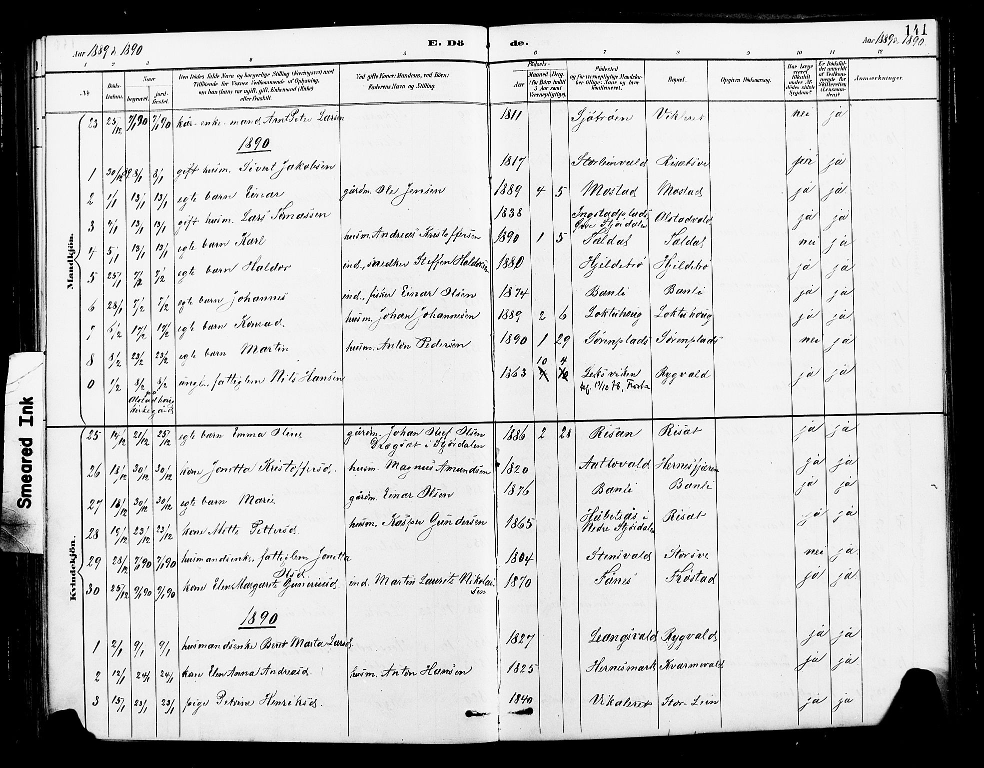 Ministerialprotokoller, klokkerbøker og fødselsregistre - Nord-Trøndelag, SAT/A-1458/713/L0121: Parish register (official) no. 713A10, 1888-1898, p. 141