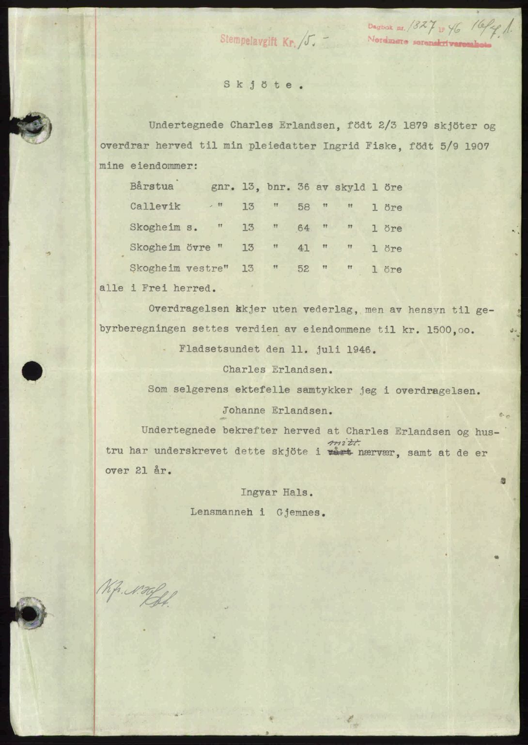 Nordmøre sorenskriveri, AV/SAT-A-4132/1/2/2Ca: Mortgage book no. A102, 1946-1946, Diary no: : 1327/1946