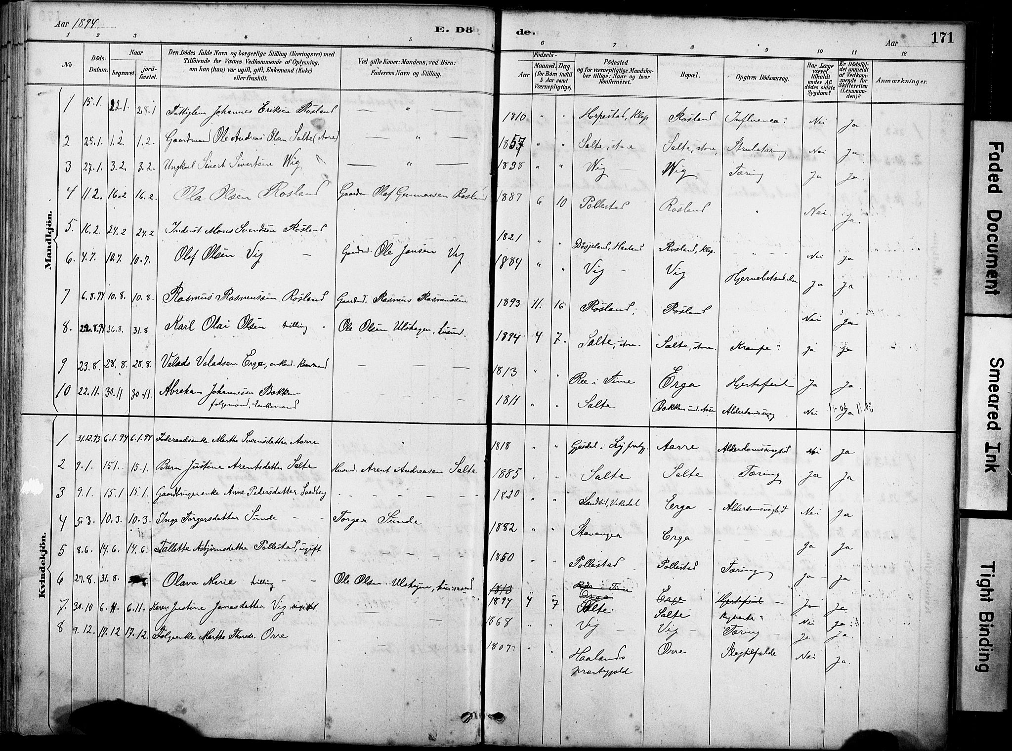 Klepp sokneprestkontor, SAST/A-101803/001/3/30BA/L0007: Parish register (official) no. A 8, 1886-1912, p. 171