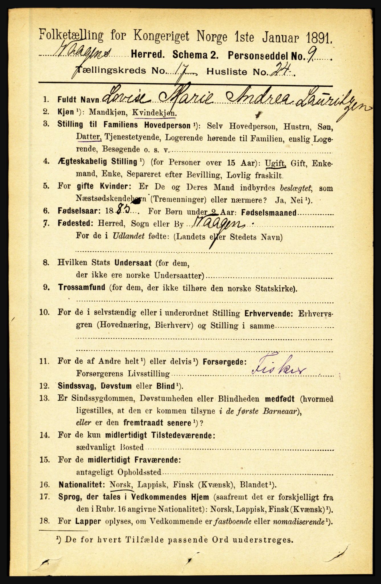 RA, 1891 census for 1865 Vågan, 1891, p. 5063