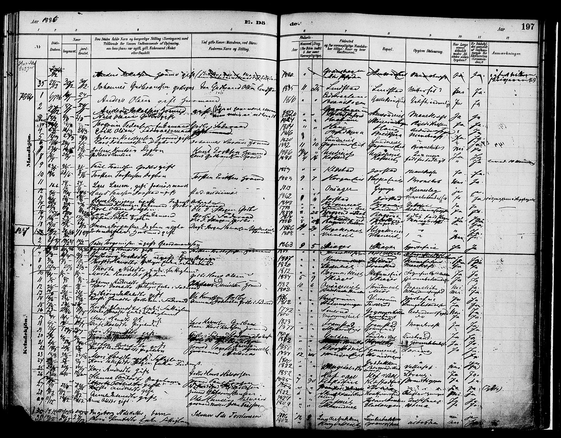 Gran prestekontor, AV/SAH-PREST-112/H/Ha/Haa/L0014: Parish register (official) no. 14, 1880-1889, p. 197