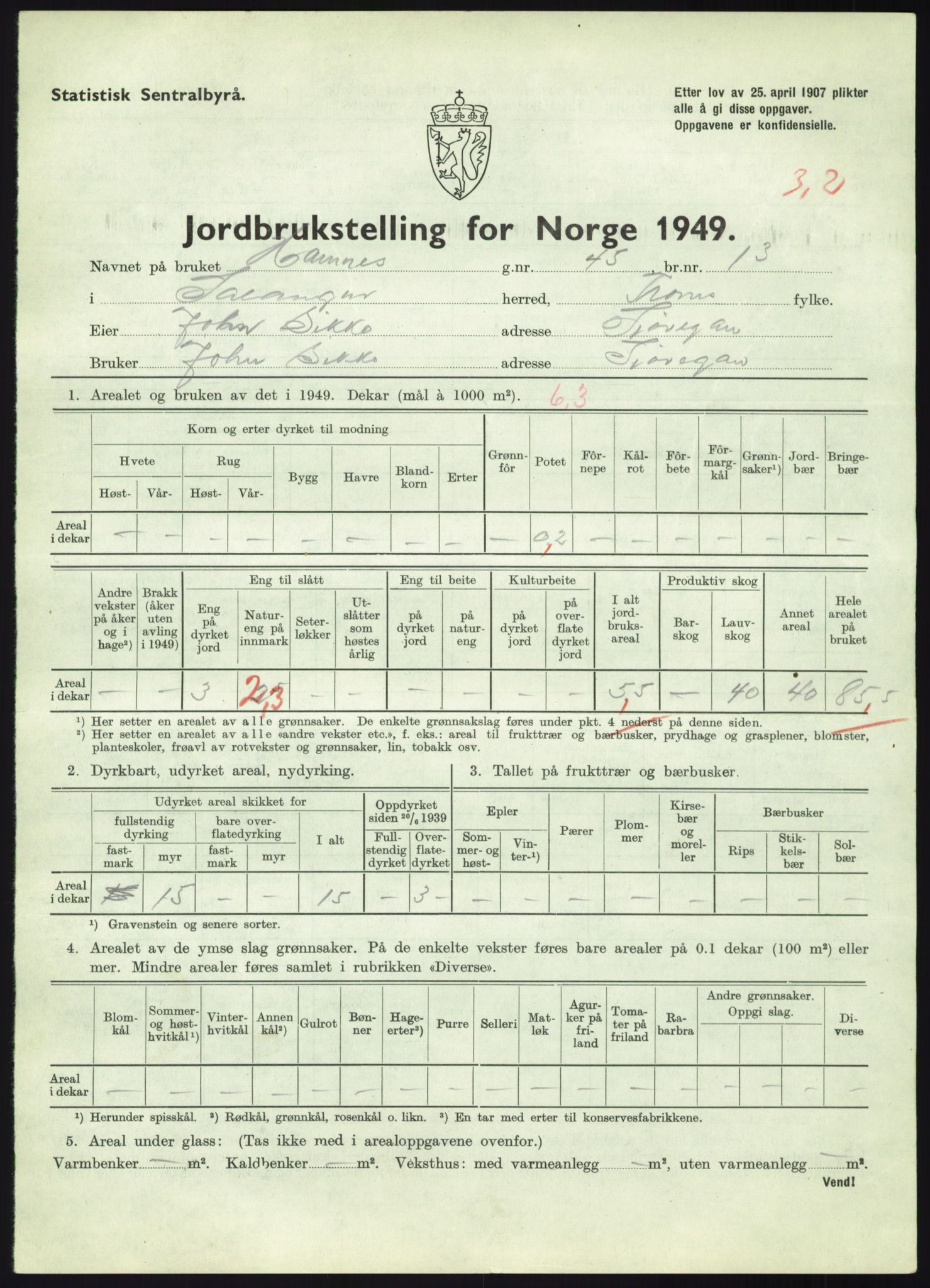 Statistisk sentralbyrå, Næringsøkonomiske emner, Jordbruk, skogbruk, jakt, fiske og fangst, AV/RA-S-2234/G/Gc/L0438: Troms: Salangen og Bardu, 1949, p. 160