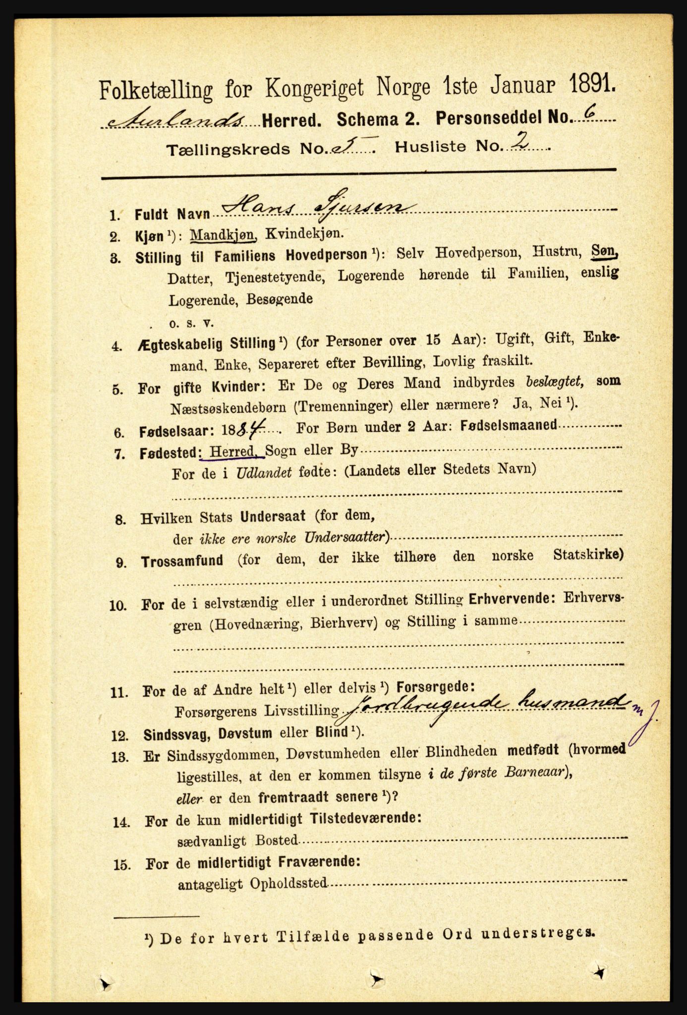 RA, 1891 census for 1421 Aurland, 1891, p. 1796