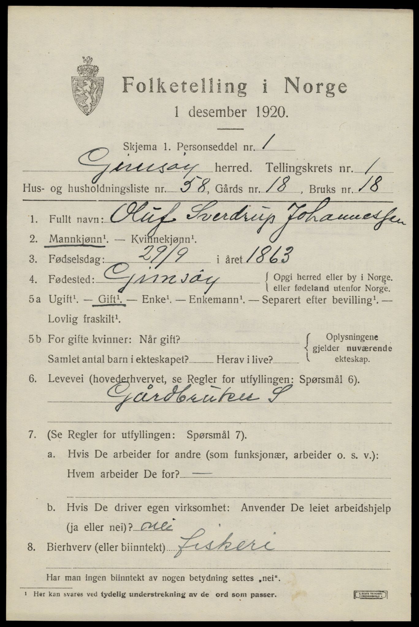 SAT, 1920 census for Gimsøy, 1920, p. 1211