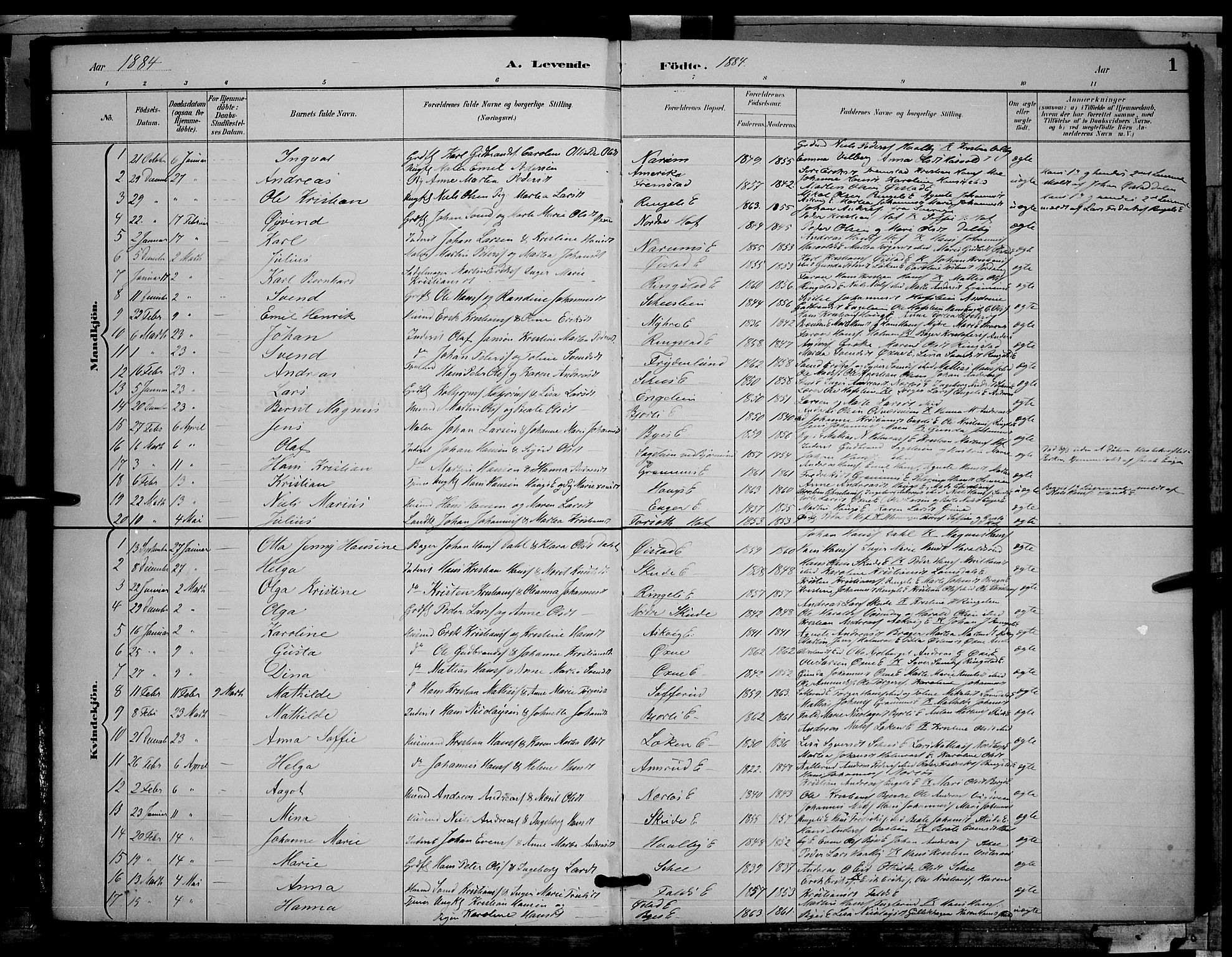Søndre Land prestekontor, SAH/PREST-122/L/L0002: Parish register (copy) no. 2, 1884-1900, p. 1