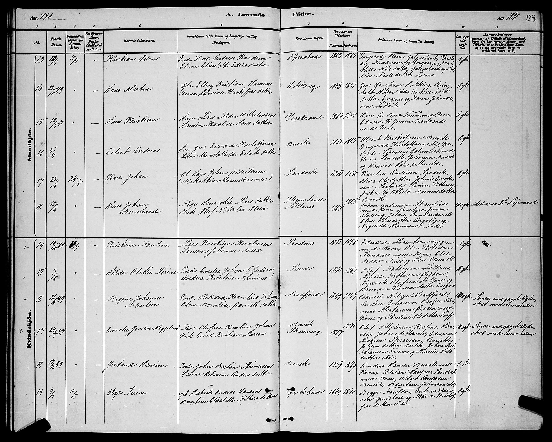 Lenvik sokneprestembete, AV/SATØ-S-1310/H/Ha/Hab/L0021klokker: Parish register (copy) no. 21, 1884-1900, p. 28