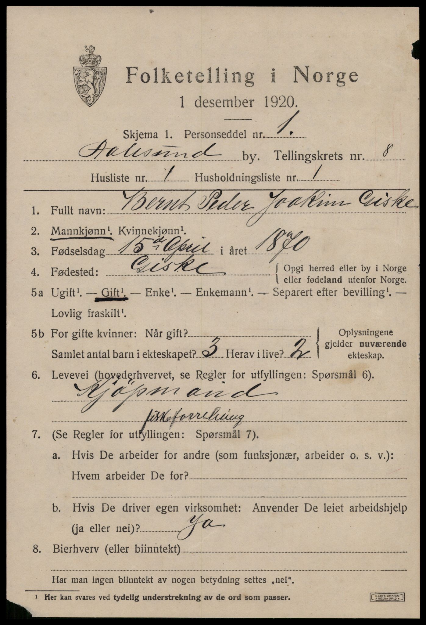 SAT, 1920 census for Ålesund, 1920, p. 21244