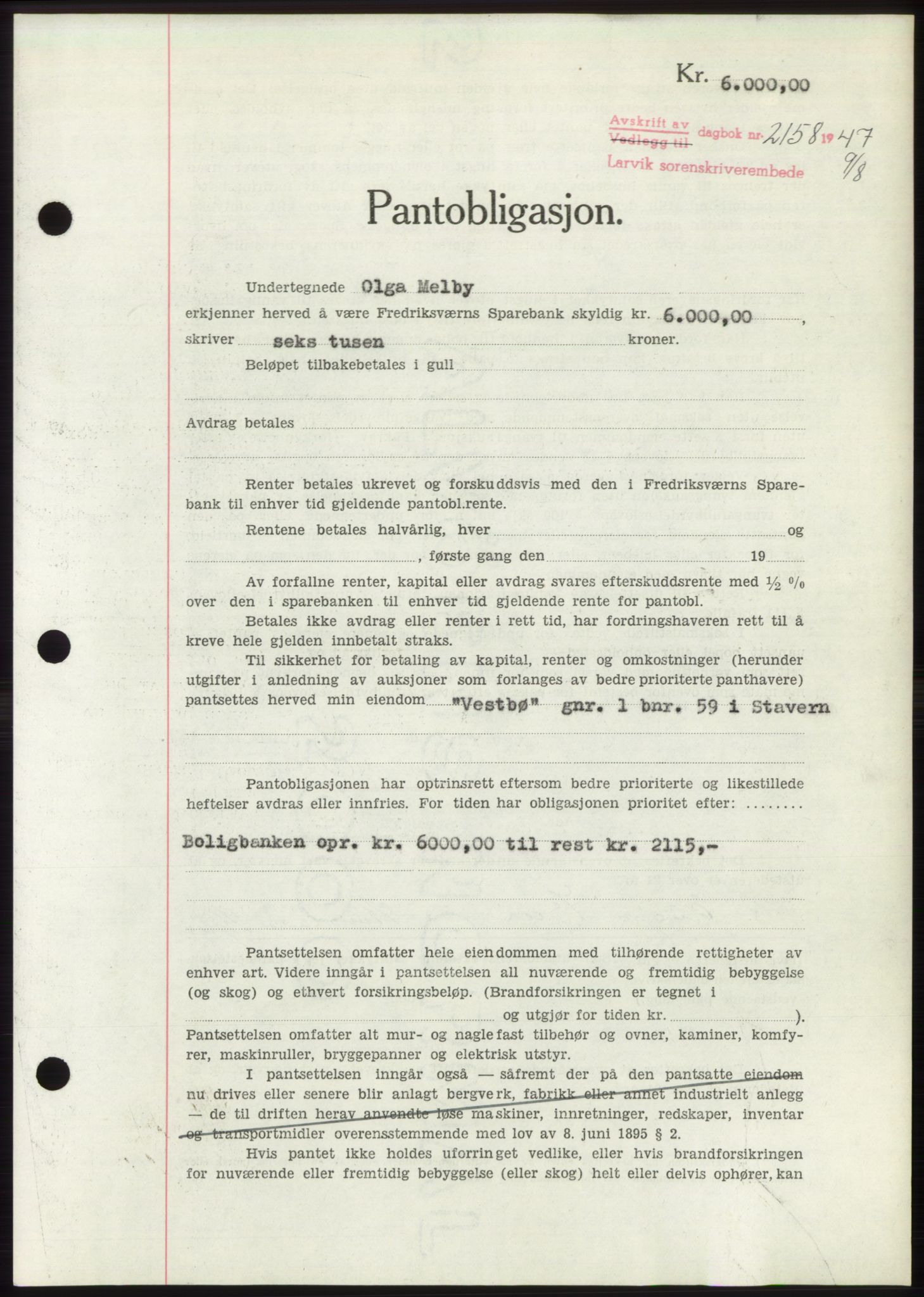 Larvik sorenskriveri, AV/SAKO-A-83/G/Ga/Gac/L0012: Mortgage book no. B-12, 1947-1947, Diary no: : 2158/1947