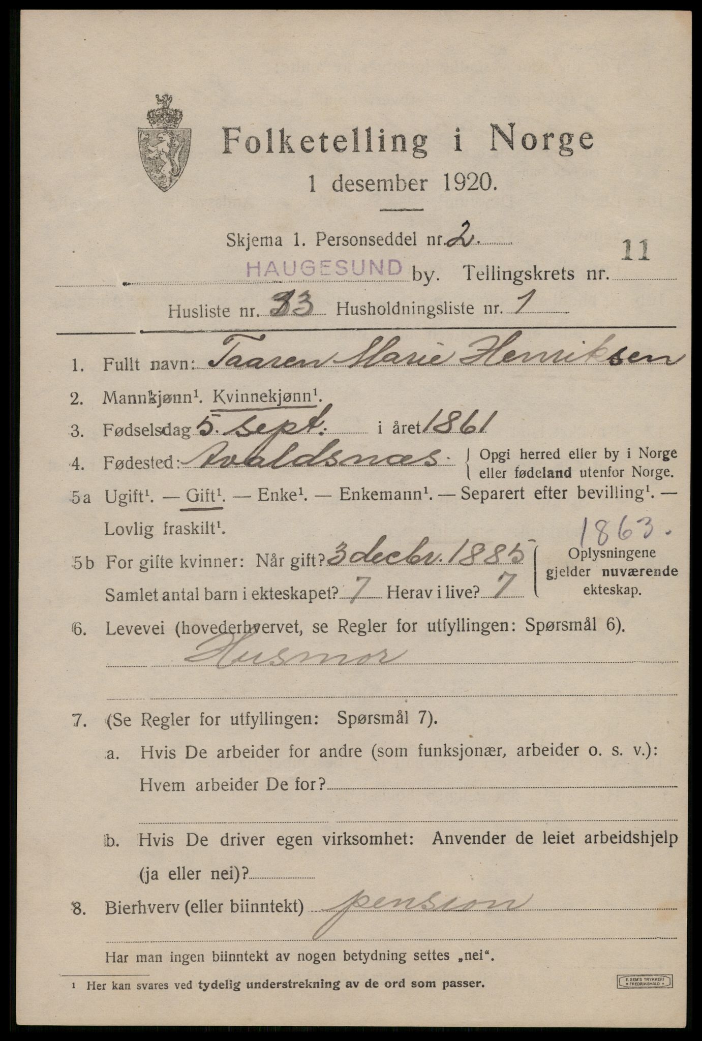 SAST, 1920 census for Haugesund, 1920, p. 36929