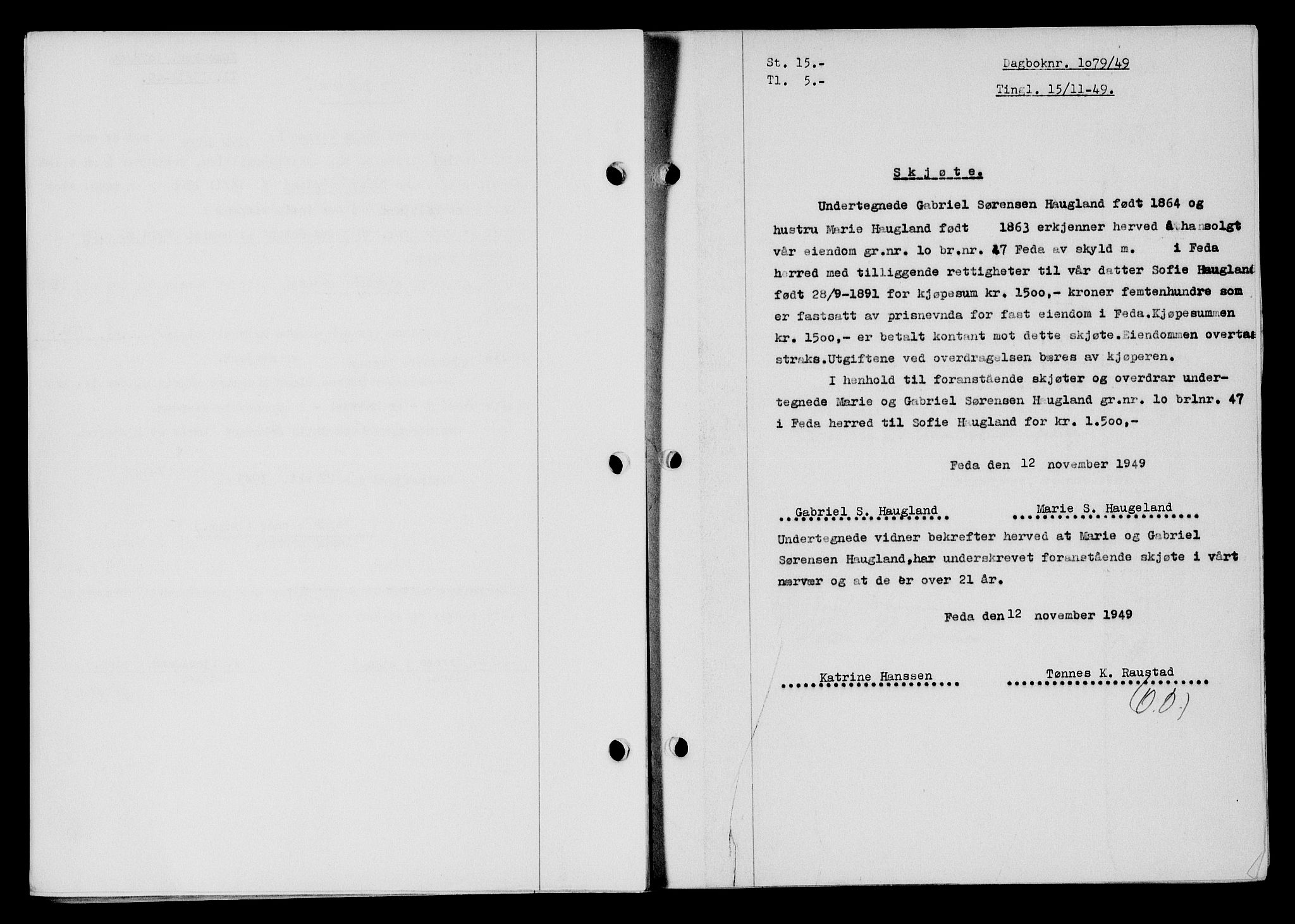 Flekkefjord sorenskriveri, SAK/1221-0001/G/Gb/Gba/L0065: Mortgage book no. A-13, 1949-1949, Diary no: : 1079/1949