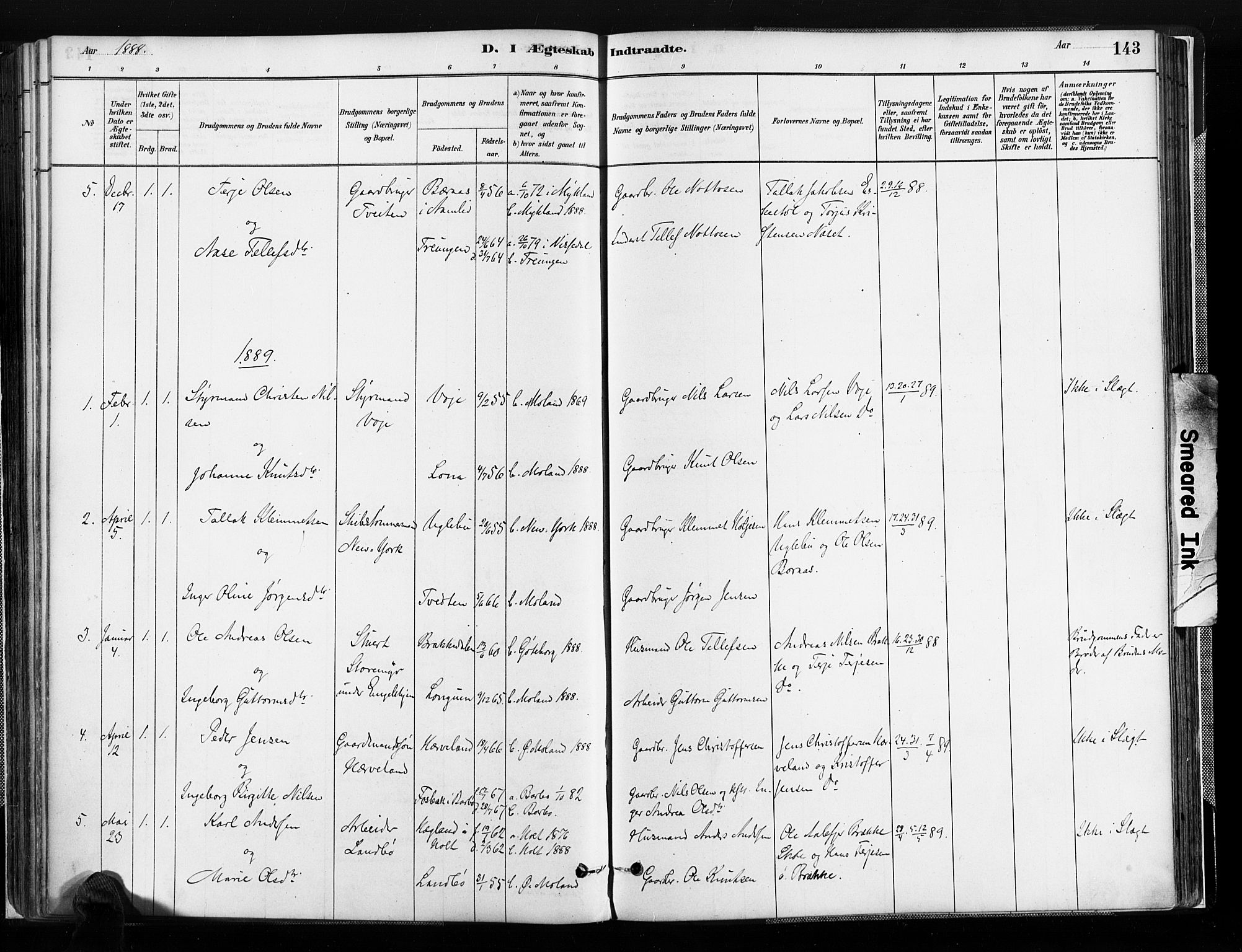 Austre Moland sokneprestkontor, SAK/1111-0001/F/Fa/Faa/L0010: Parish register (official) no. A 10, 1880-1904, p. 143