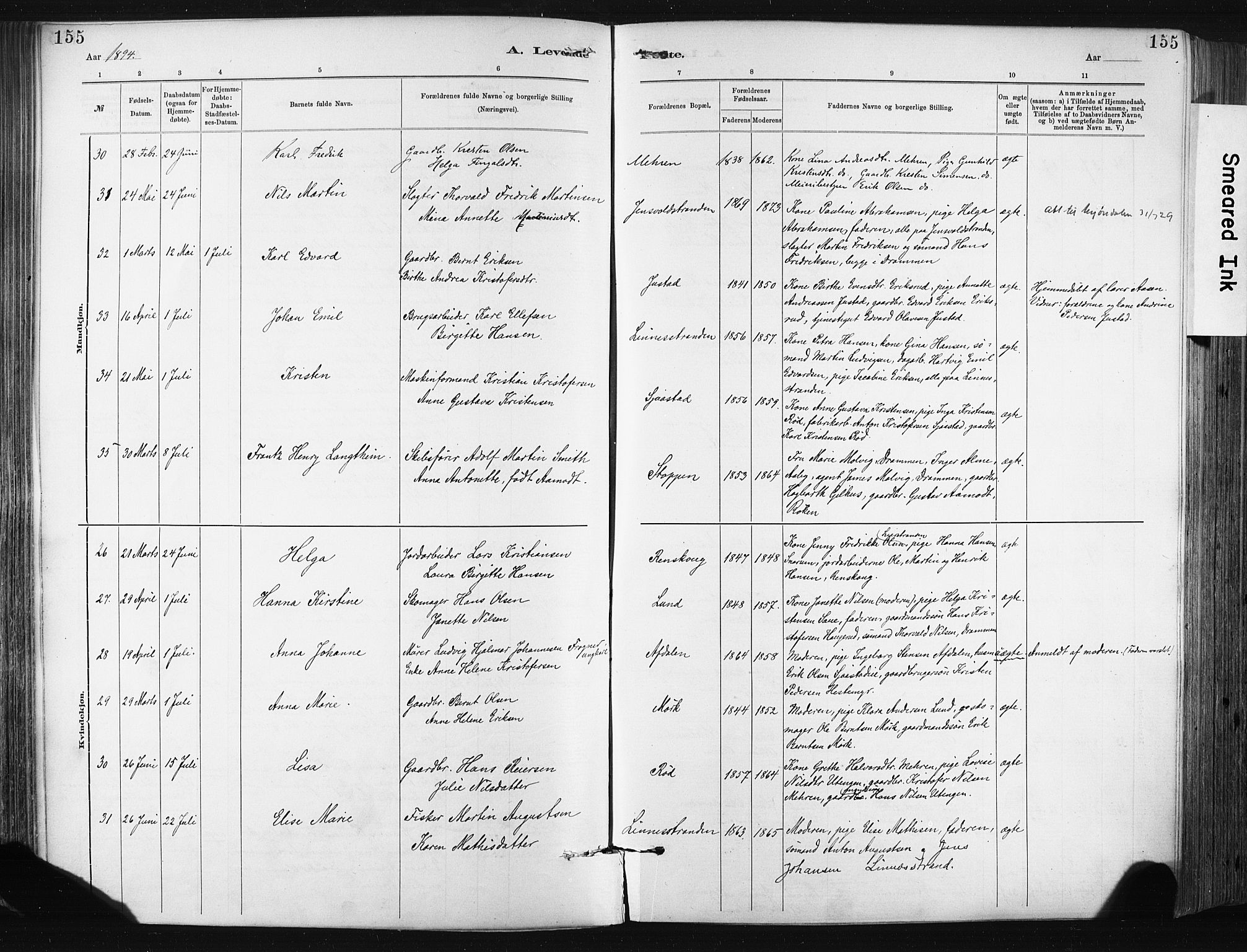 Lier kirkebøker, AV/SAKO-A-230/F/Fa/L0015: Parish register (official) no. I 15, 1883-1894, p. 155