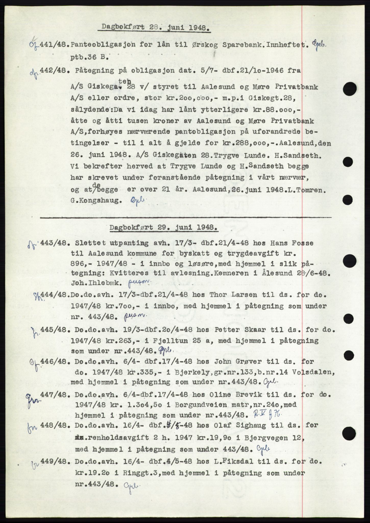 Ålesund byfogd, AV/SAT-A-4384: Mortgage book no. C34-35, 1946-1950, Diary no: : 441/1948