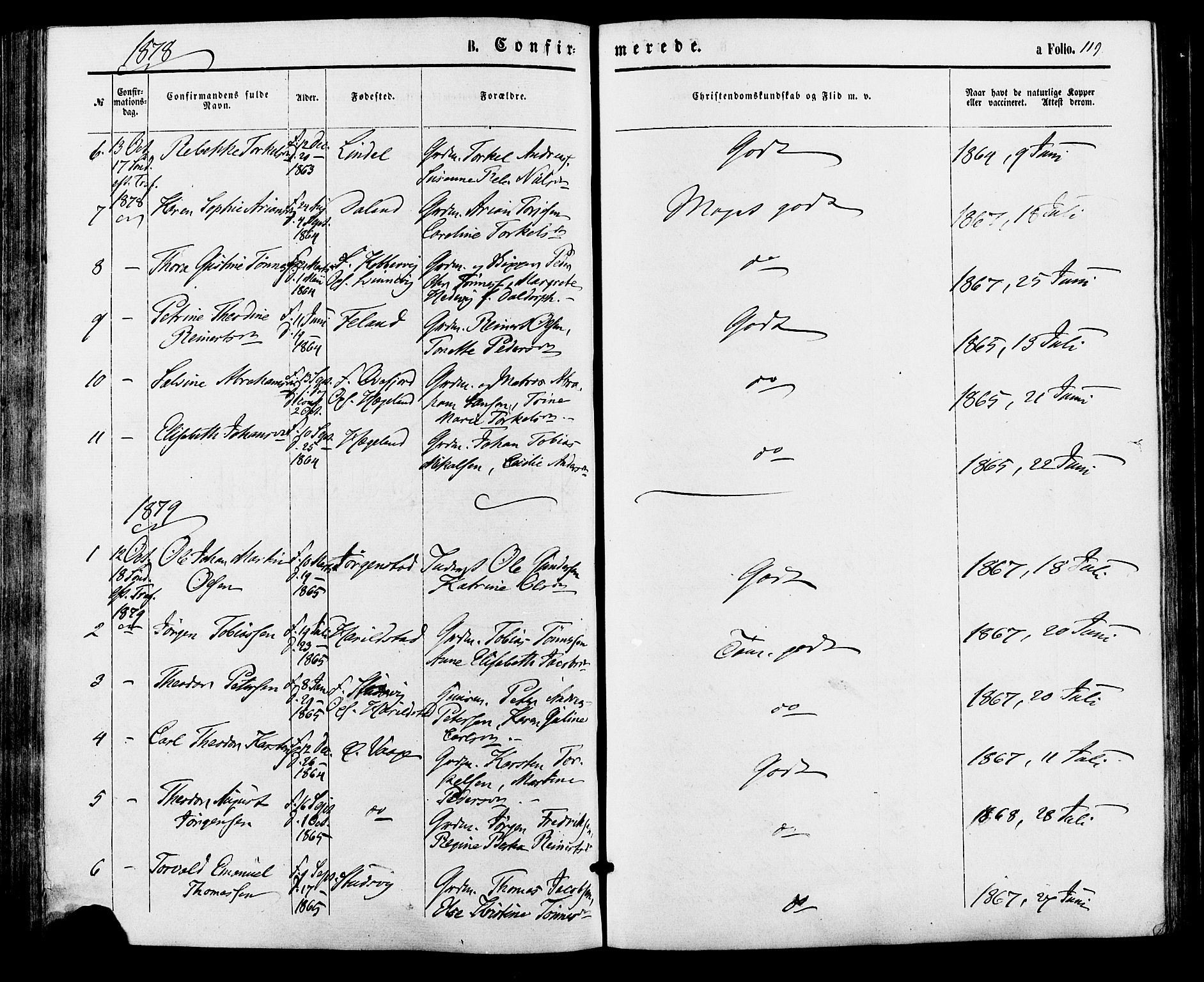 Sør-Audnedal sokneprestkontor, SAK/1111-0039/F/Fa/Faa/L0003: Parish register (official) no. A 3, 1868-1883, p. 119