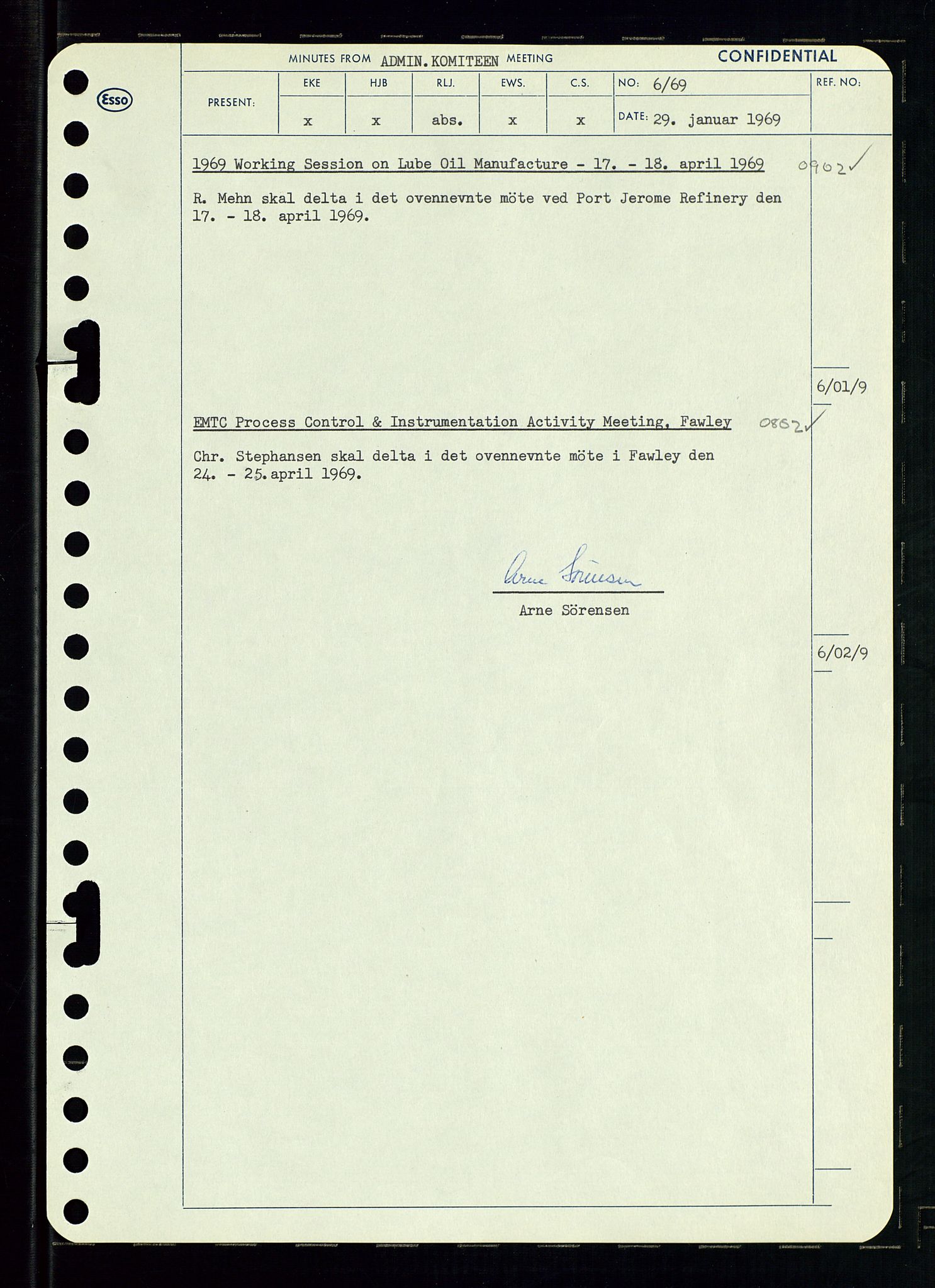 Pa 0982 - Esso Norge A/S, AV/SAST-A-100448/A/Aa/L0003/0001: Den administrerende direksjon Board minutes (styrereferater) og Bedriftforsamlingsprotokoll / Den administrerende direksjon Board minutes (styrereferater), 1969, p. 54