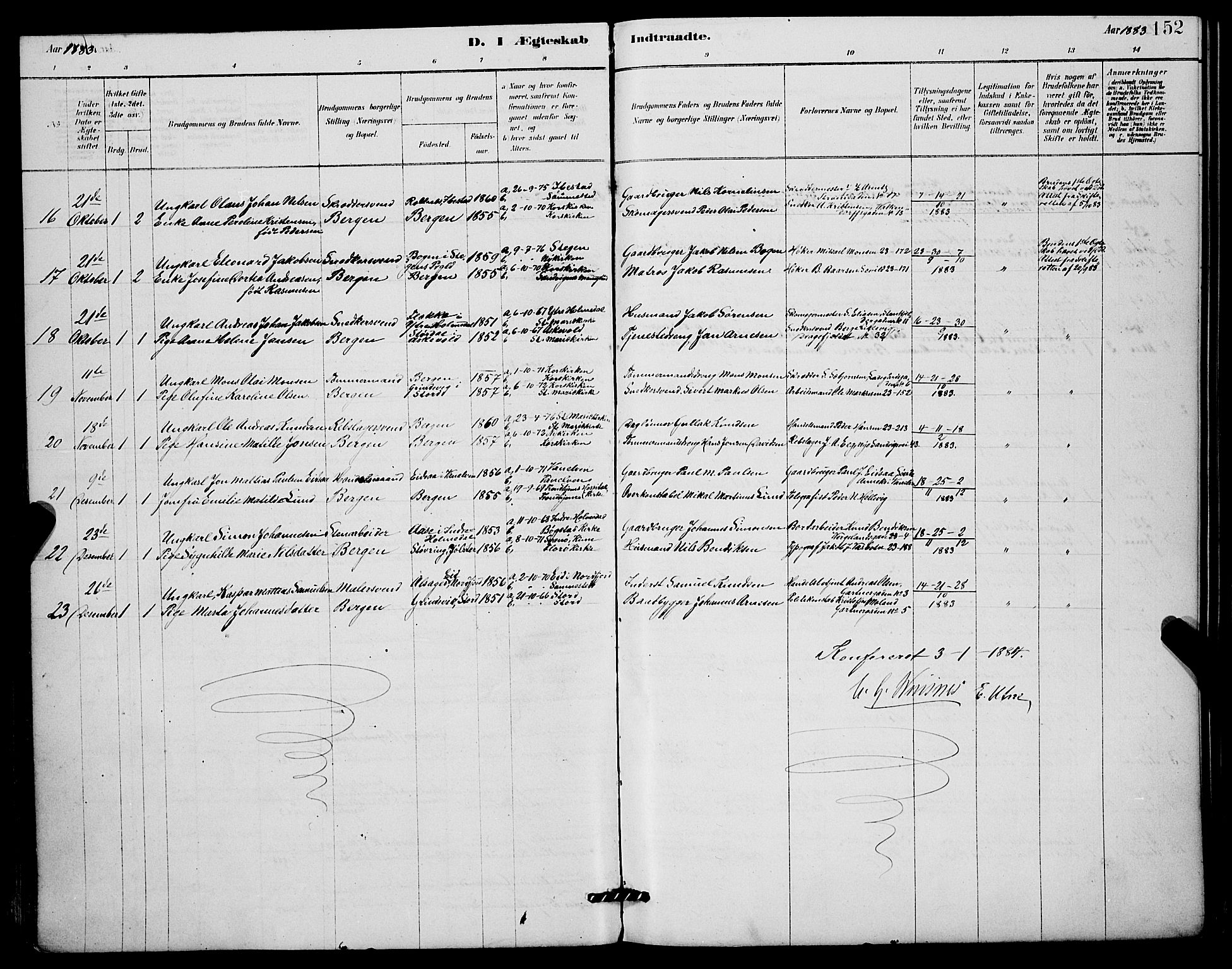 Mariakirken Sokneprestembete, AV/SAB-A-76901/H/Hab/L0004: Parish register (copy) no. A 4, 1878-1892, p. 152