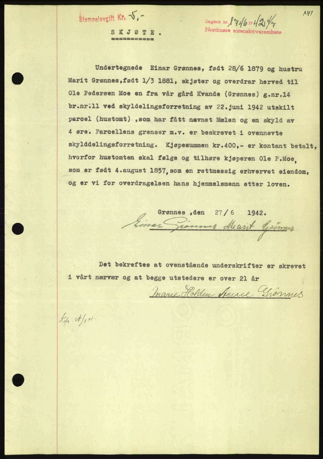 Nordmøre sorenskriveri, AV/SAT-A-4132/1/2/2Ca: Mortgage book no. A93, 1942-1942, Diary no: : 1746/1942